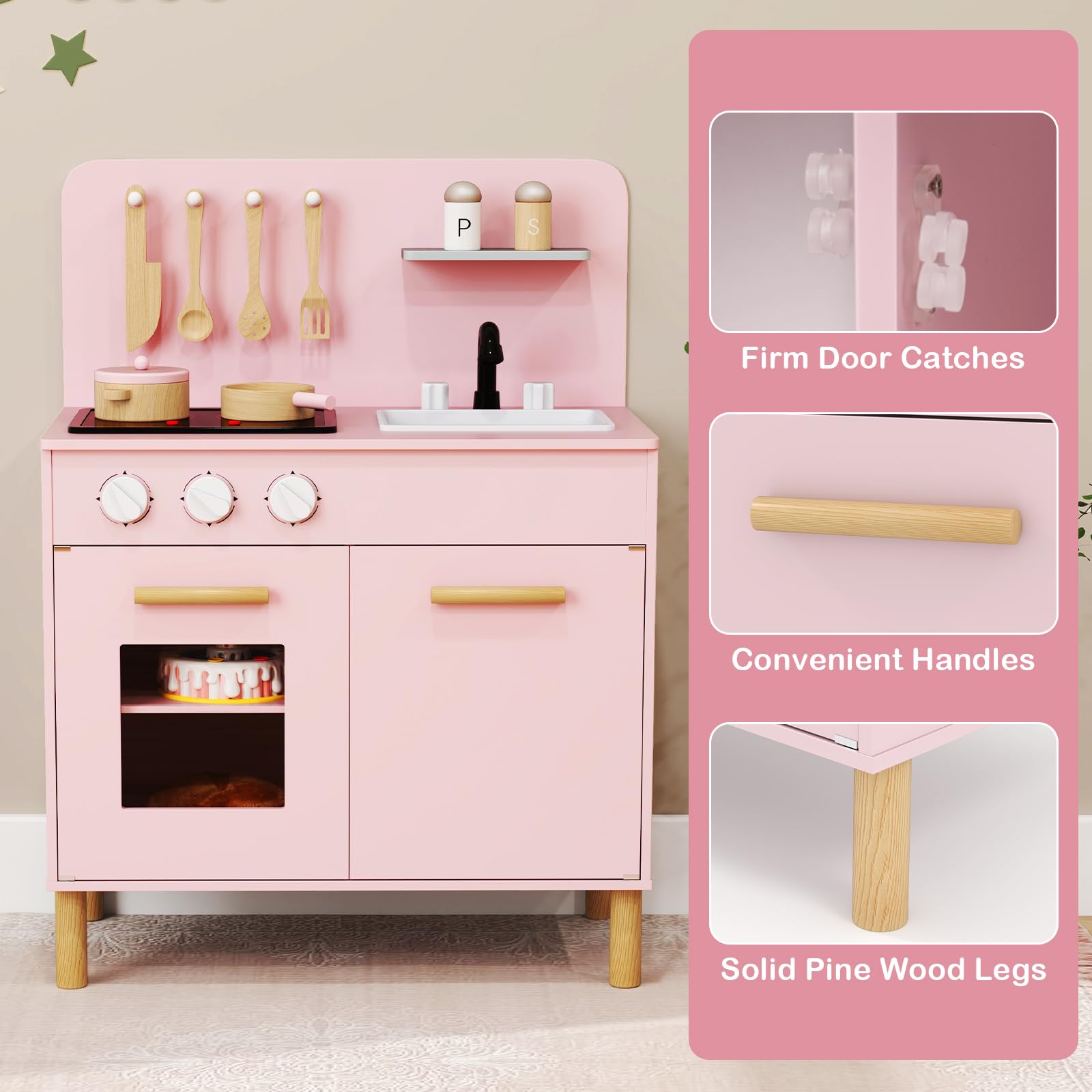 HOGEBABY Kids Kitchen Playset, Wooden Pretend Play Kitchen with Lights and Sounds - Image 9