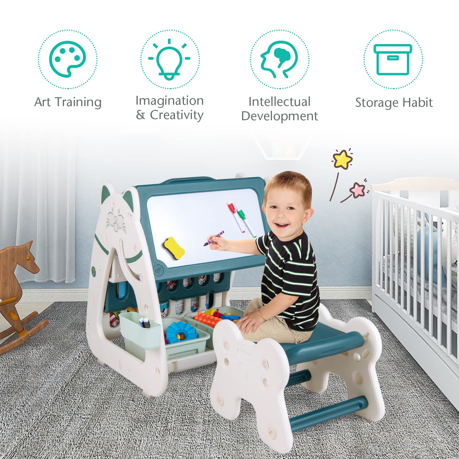 HOGEBABY 3 in 1 Kids Art Easel, Double-Sided Magnetic Dry Erase Board, Adjustable Standing Easel - Image 8