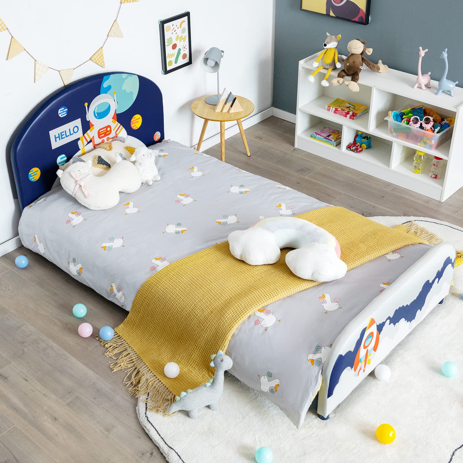 HOGEBABY Twin Bed Frames for Kids, Wood Upholstered Twin Bed Platform with Slat Support - Image 11