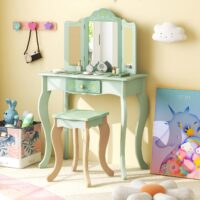 HOGEBABY Kids Vanity Set, 2 in 1 Princess Makeup Dressing Table & Chair Set w/Detachable Tri-fold Mirror