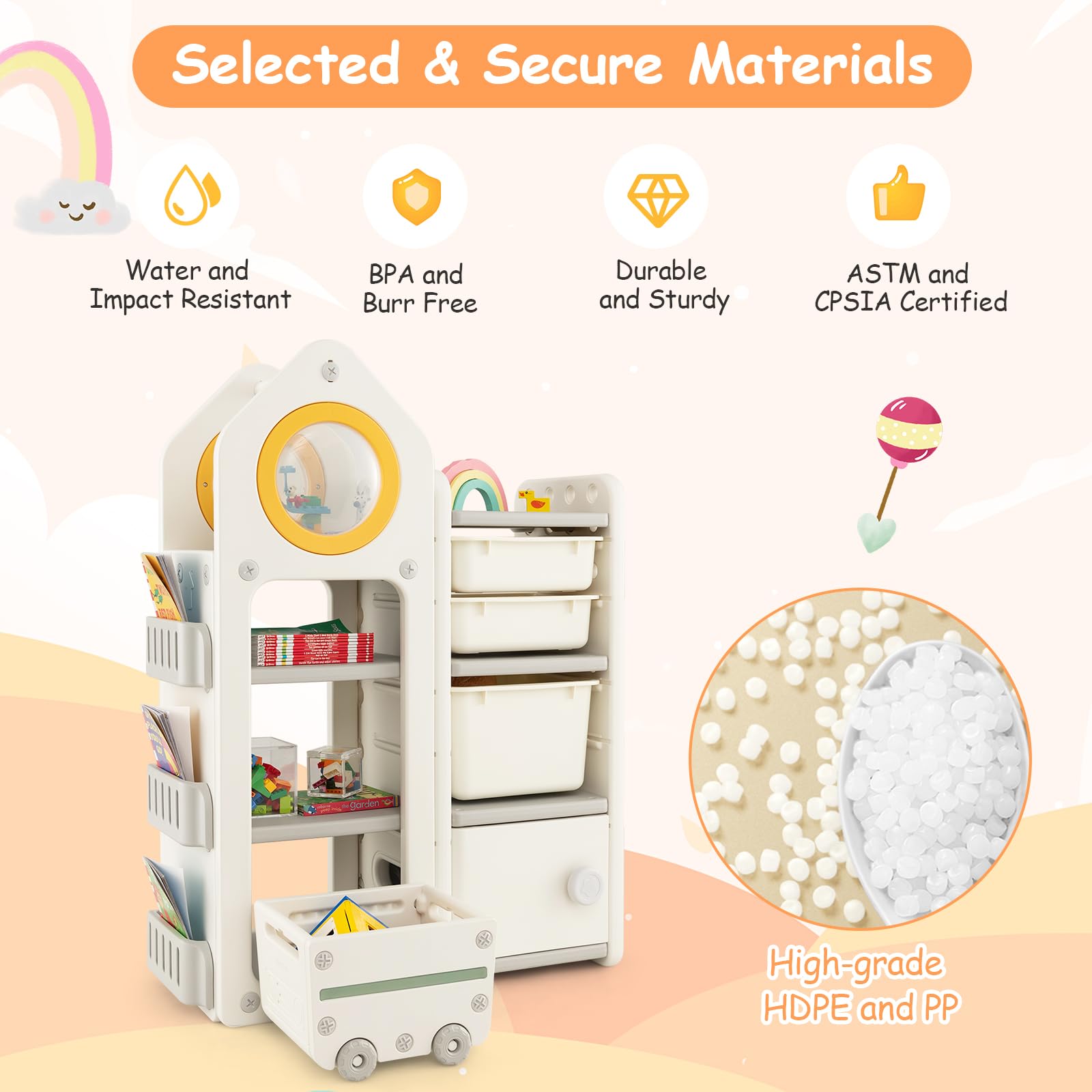 HOGEBABY Kids Toy Storage Organizer and Bookshelf, Multipurpose Shelf with Mobile Truck, Storage Bins & Cabinet - Image 9