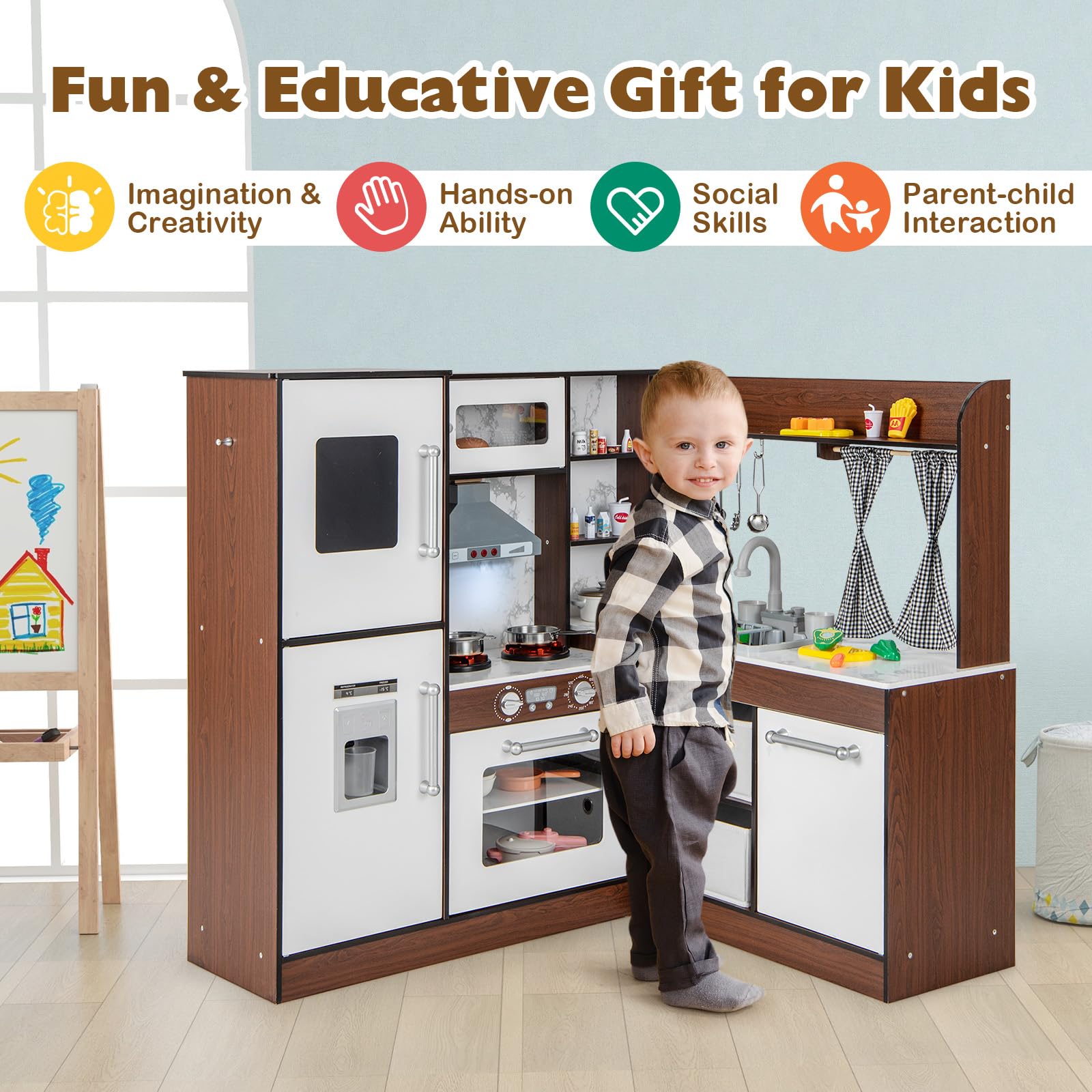 HOGEBABY Kids Corner Kitchen Playset, Toddler Pretend Toy Kitchen w/Sink & Faucet, Water Circulation System - Image 8