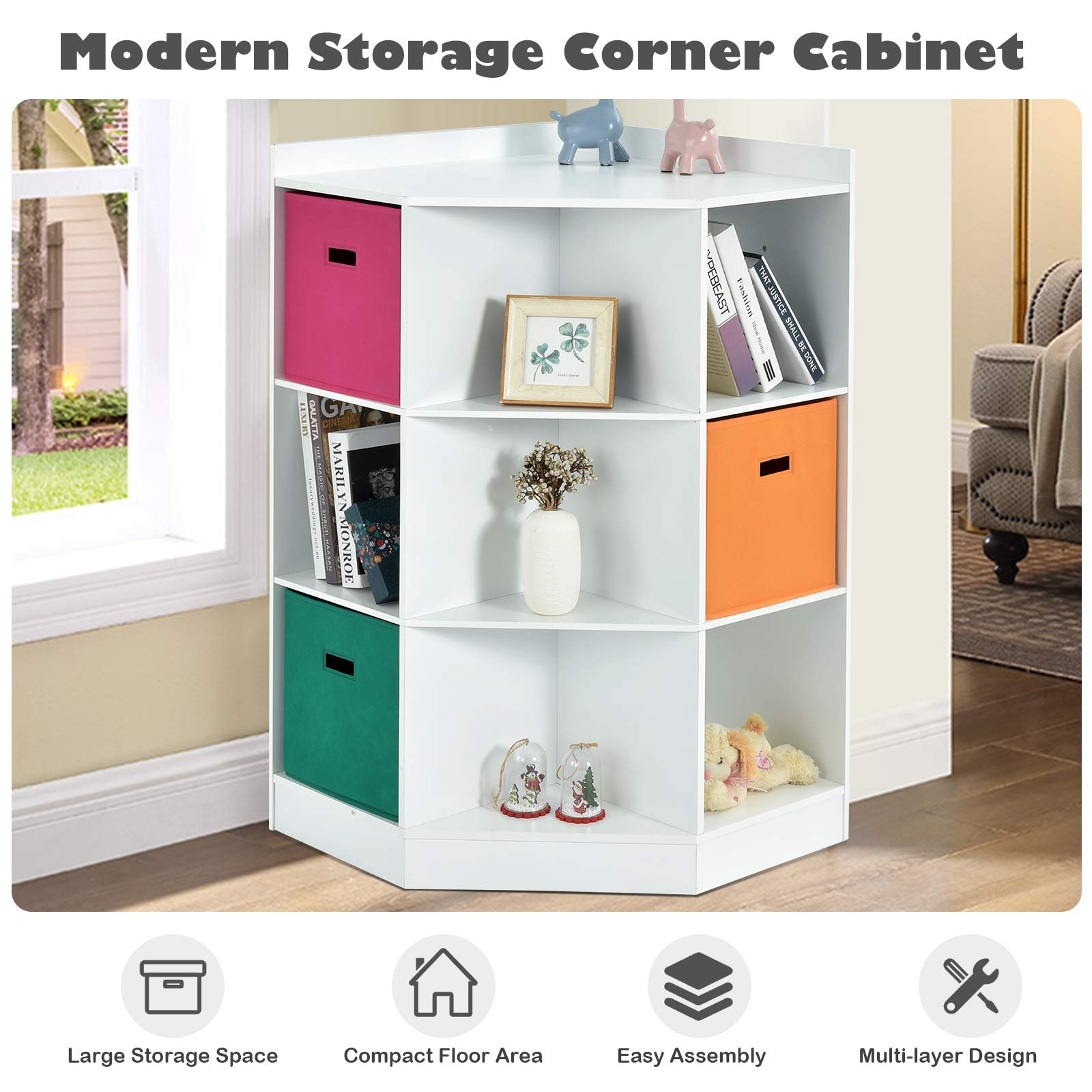 HOGEBABY 9-Cubby Kids Bookcase, Children's Corner Cabinet with 6 Cubes and 3 Shelves, Wooden Toy Organizers and Storage Book Shelves - Image 9