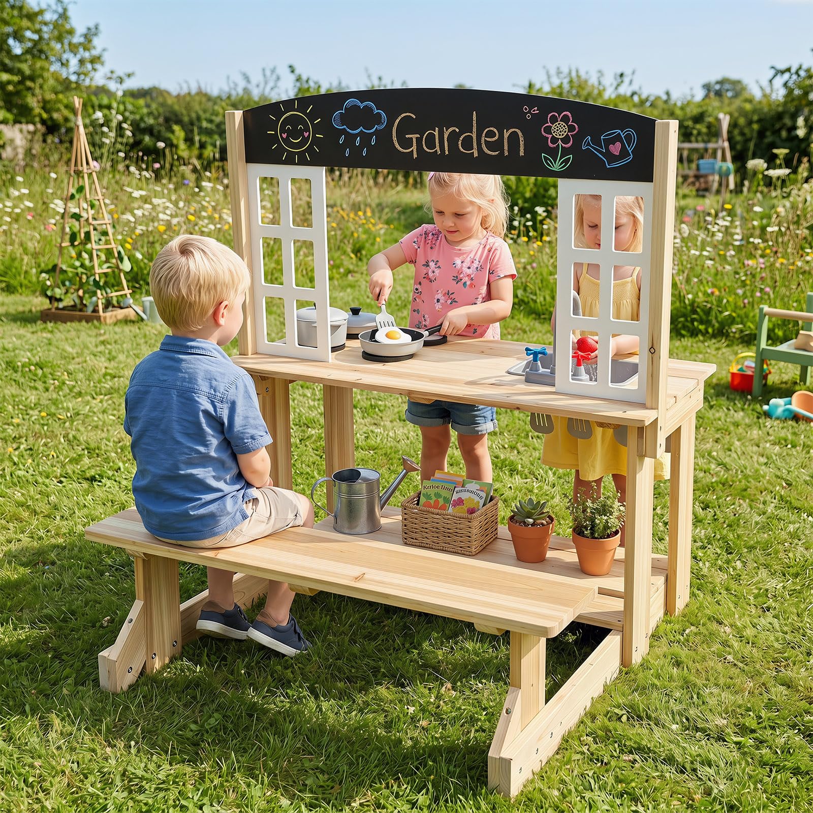 HOGEBABY Outdoor Wooden Kids Kitchen Playset w/Bench - Image 8