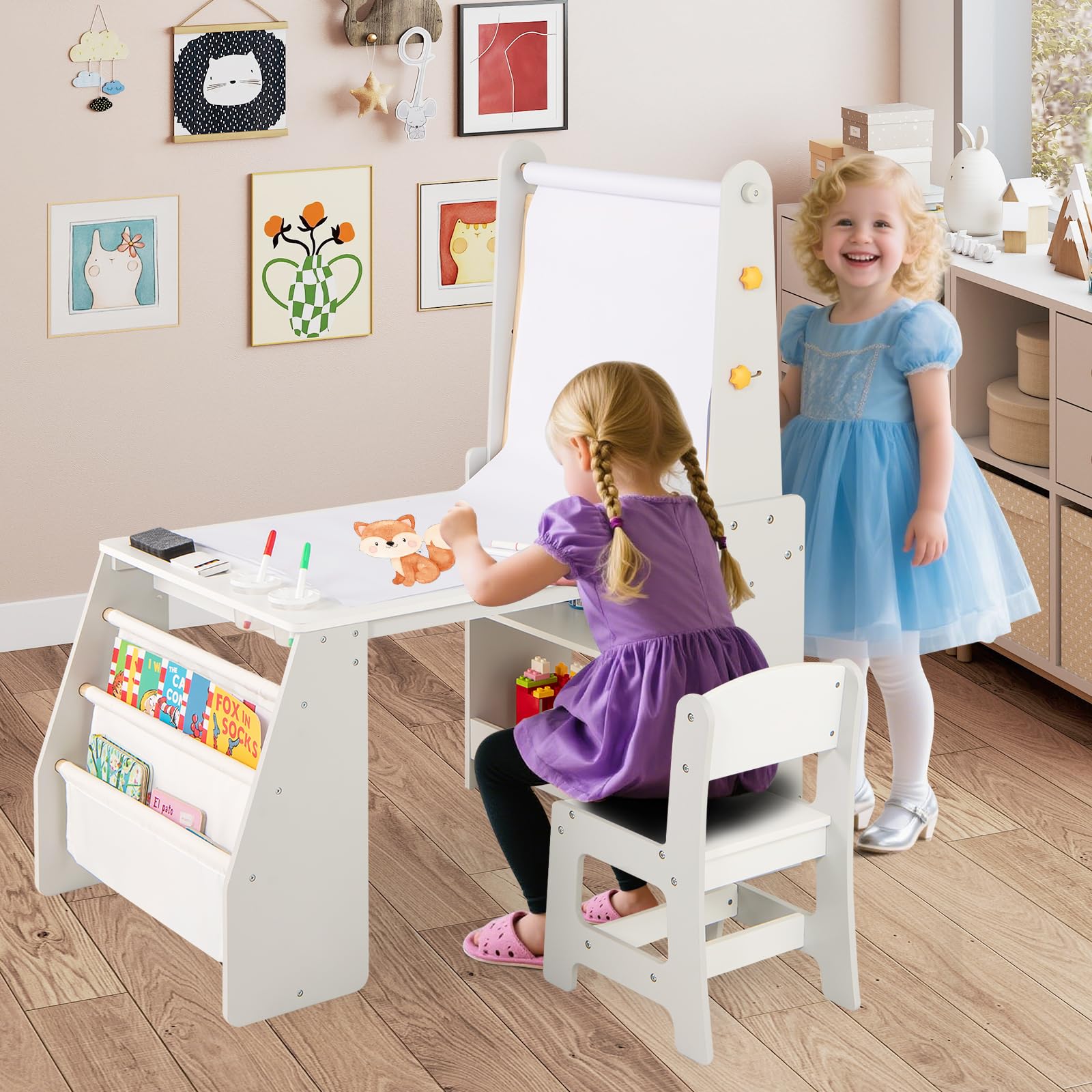 HOGEBABY Kids Art Table and Chair Set 4 in 1 Wooden Easel Activity Desk Set - Image 8