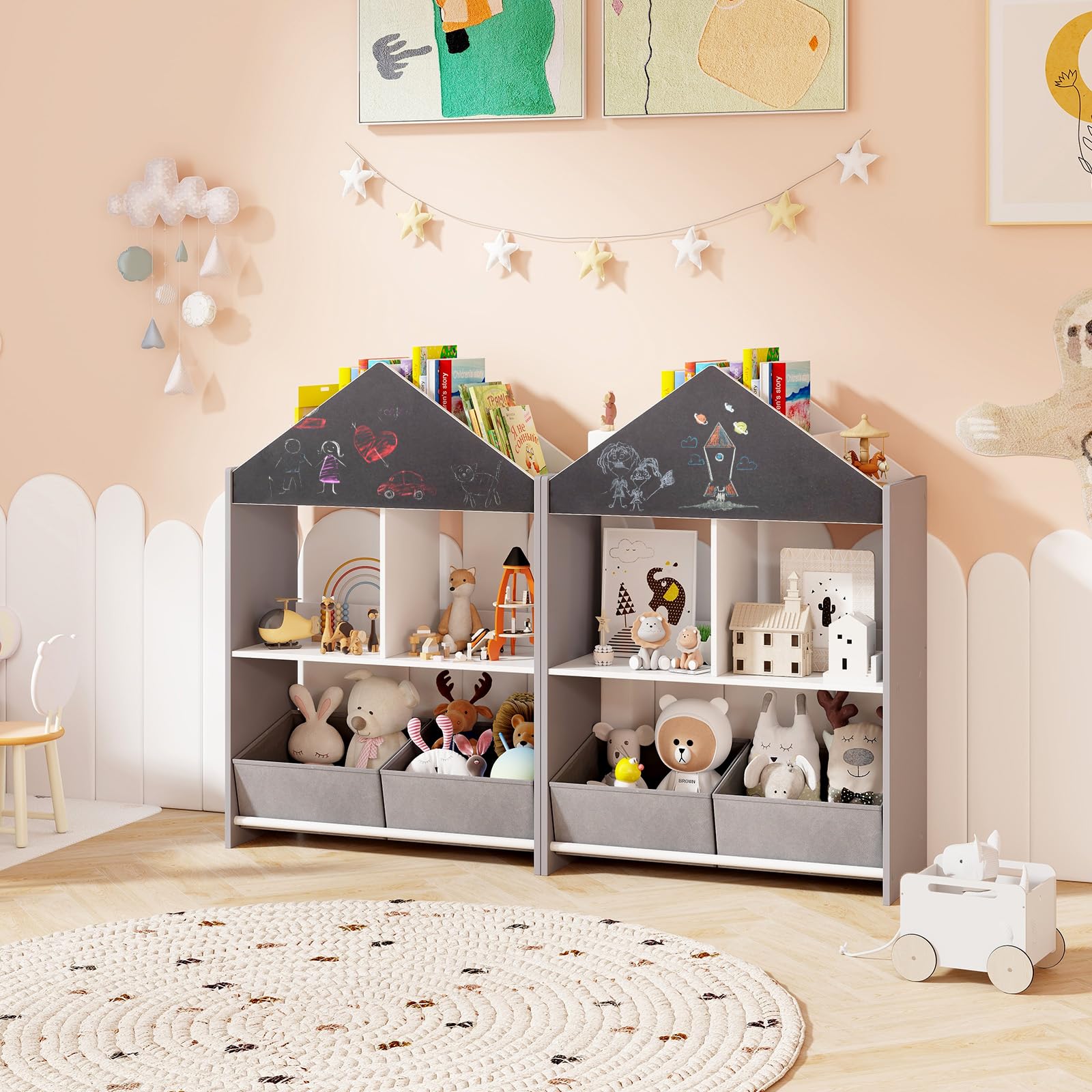 HOGEBABY Kids Bookshelf, Wooden Dollhouse Bookcase with Blackboard, Whiteboard - Image 3