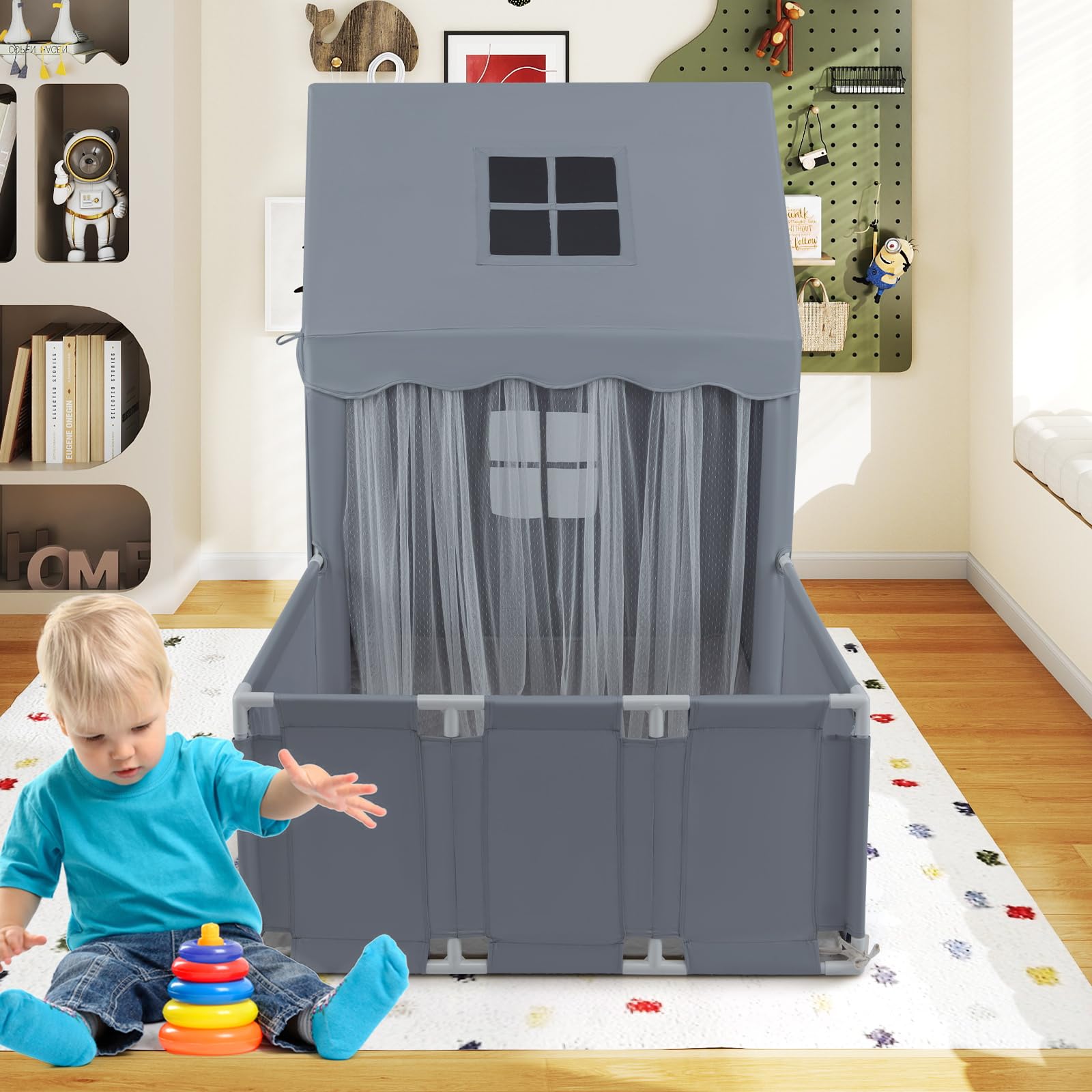 HOGEBABY 2 in 1 Kids Play Tent Indoor Large Toddler Pretend Playhouse w/Playpen - Image 9