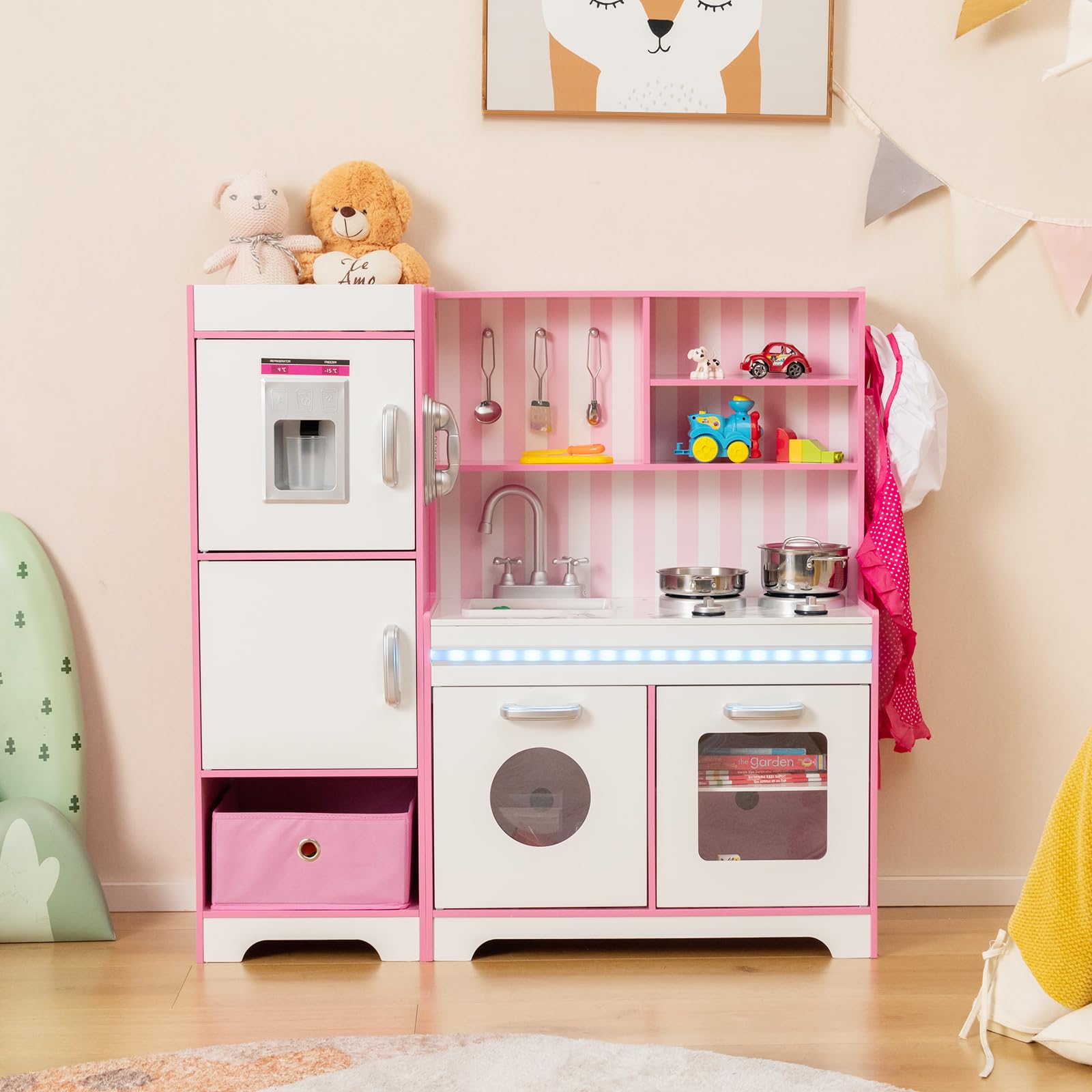HOGEBABY Kids Kitchen Playset, Wooden Little Chef Pretend Play Kitchen with Deluxe LED Lights, Pink - Image 9