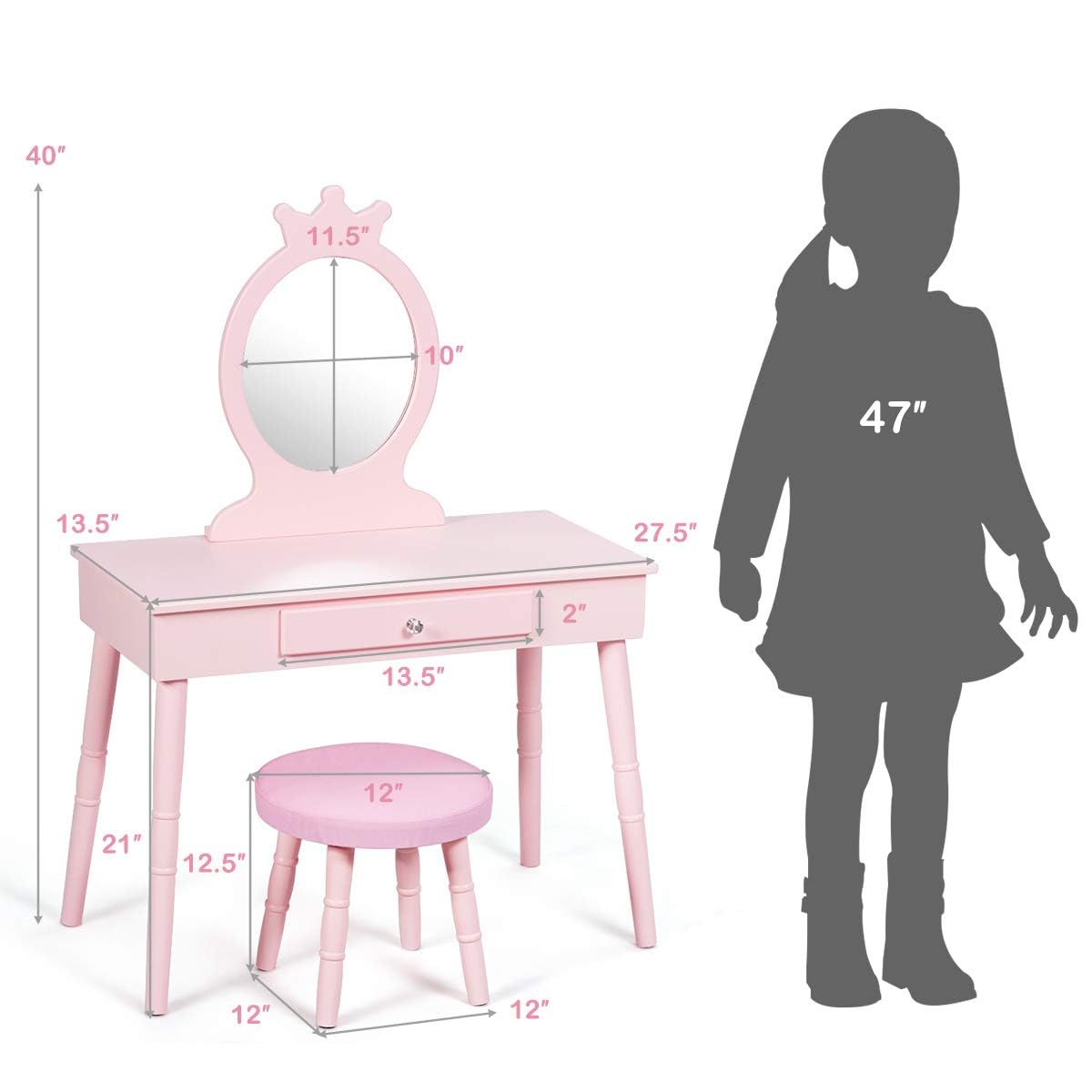 HOGEBABY Kids Vanity & Jewelry Armoire Cabinet, Wooden Kids Vanity Table and Chair Set - Image 9