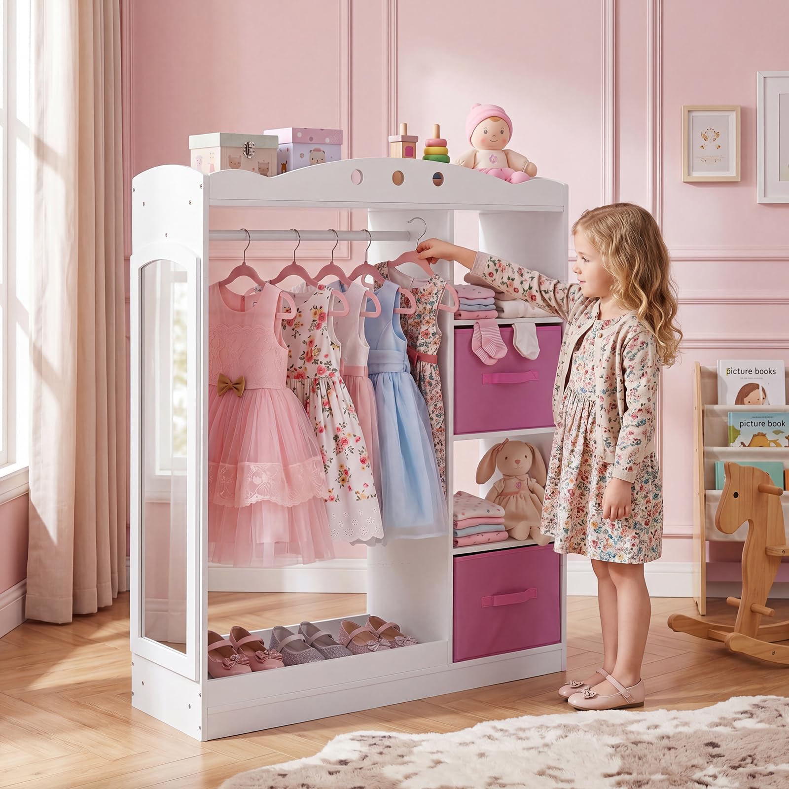 HOGEBABY Kids Dress Up Storage with Full Length Mirror & Open Hanging Rack - Image 9