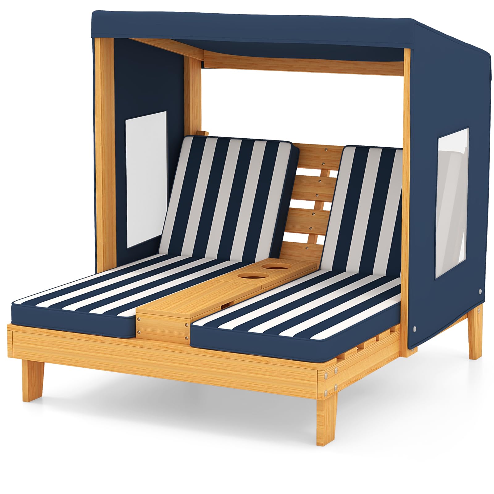 HOGEBABY Kids Lounge Chair Outdoor, Wood Double Seat Chaise Lounge with Canopy - Image 9