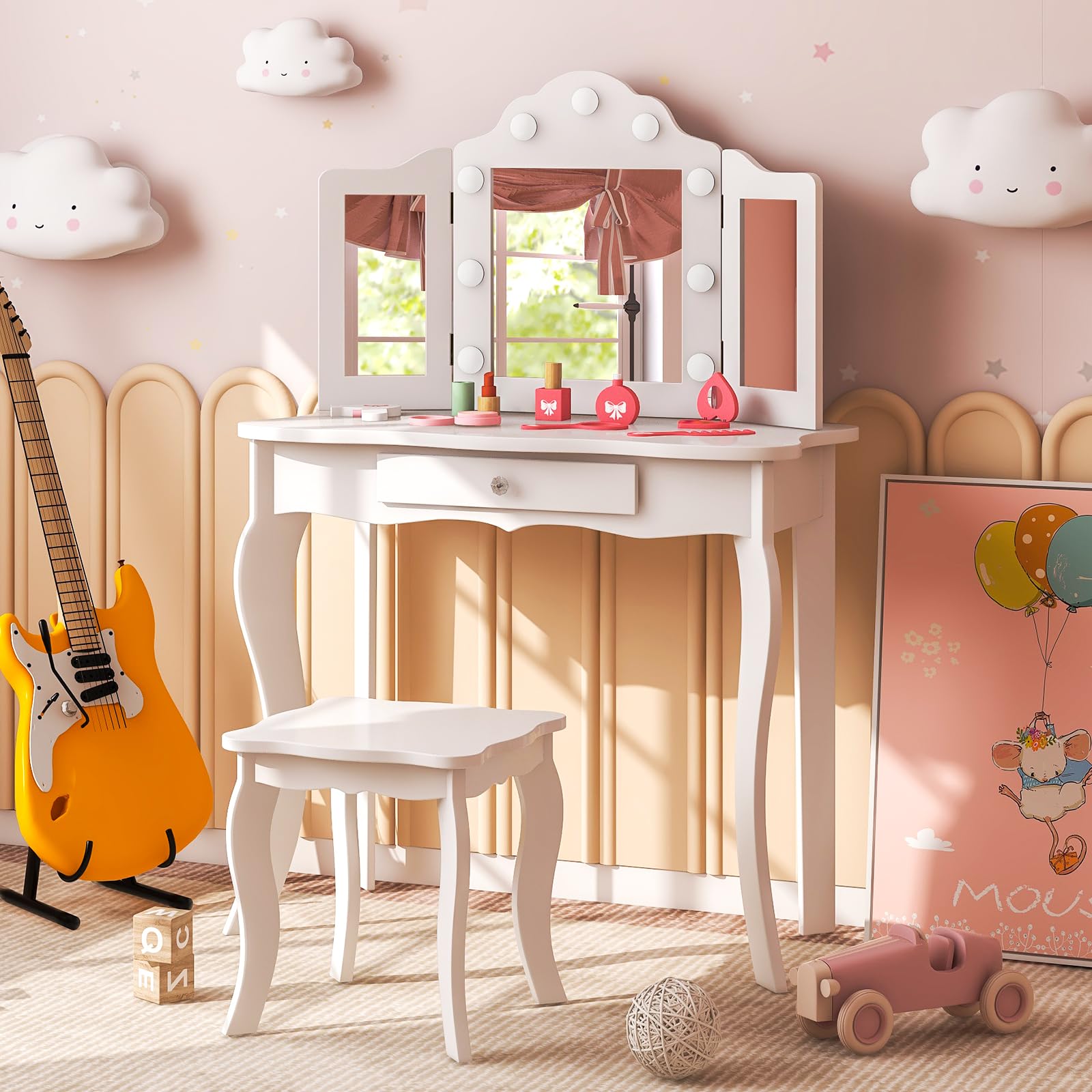 HOGEBABY Kids Vanity Table and Chair Set, Girls Vanity Set with Mirror and Stool, Storage Drawer, Wooden Princess Makeup Dressing Table
