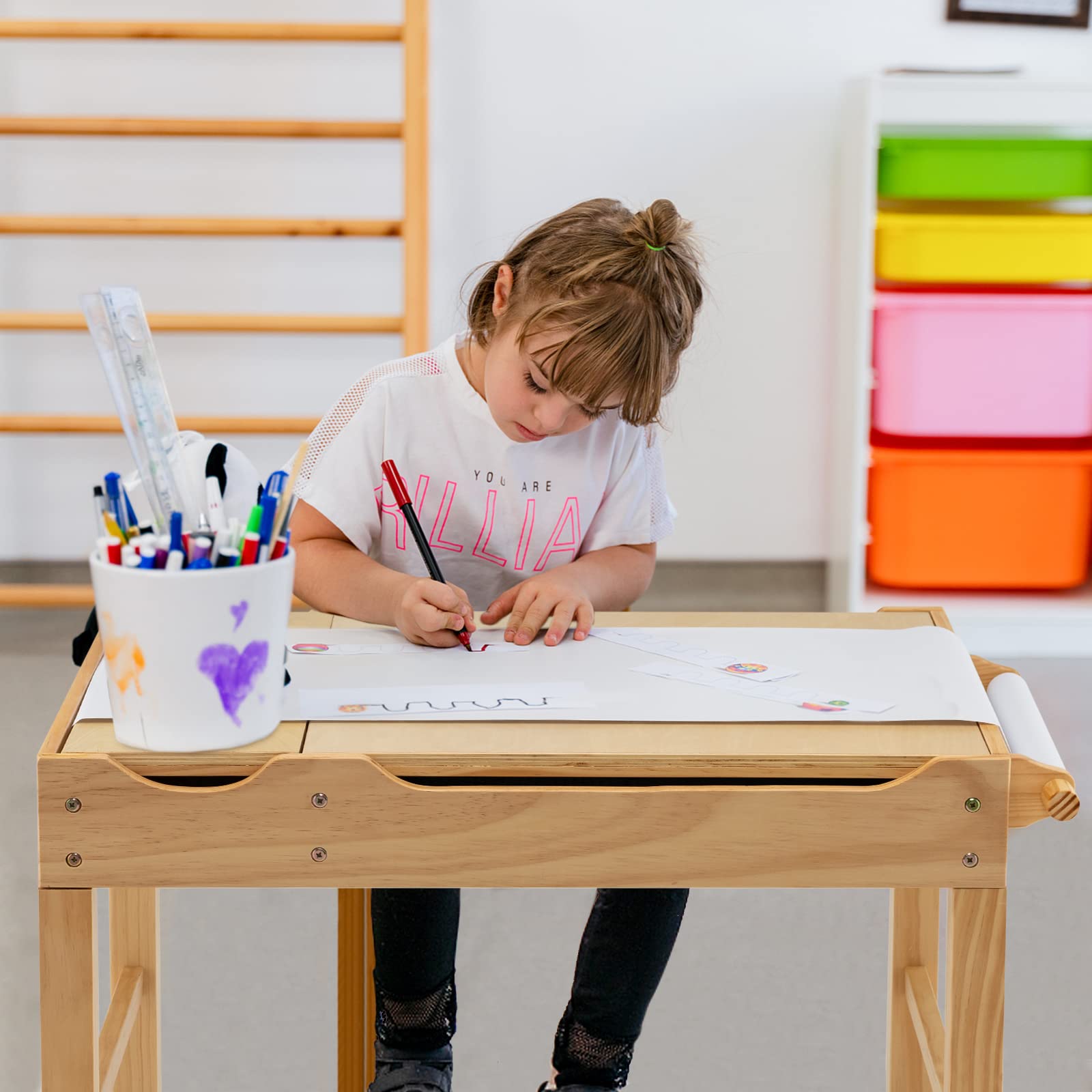 HOGEBABY Kids Table, 3 in 1 Wood Building Block Desk w/Storage, Paper Roll - Image 9