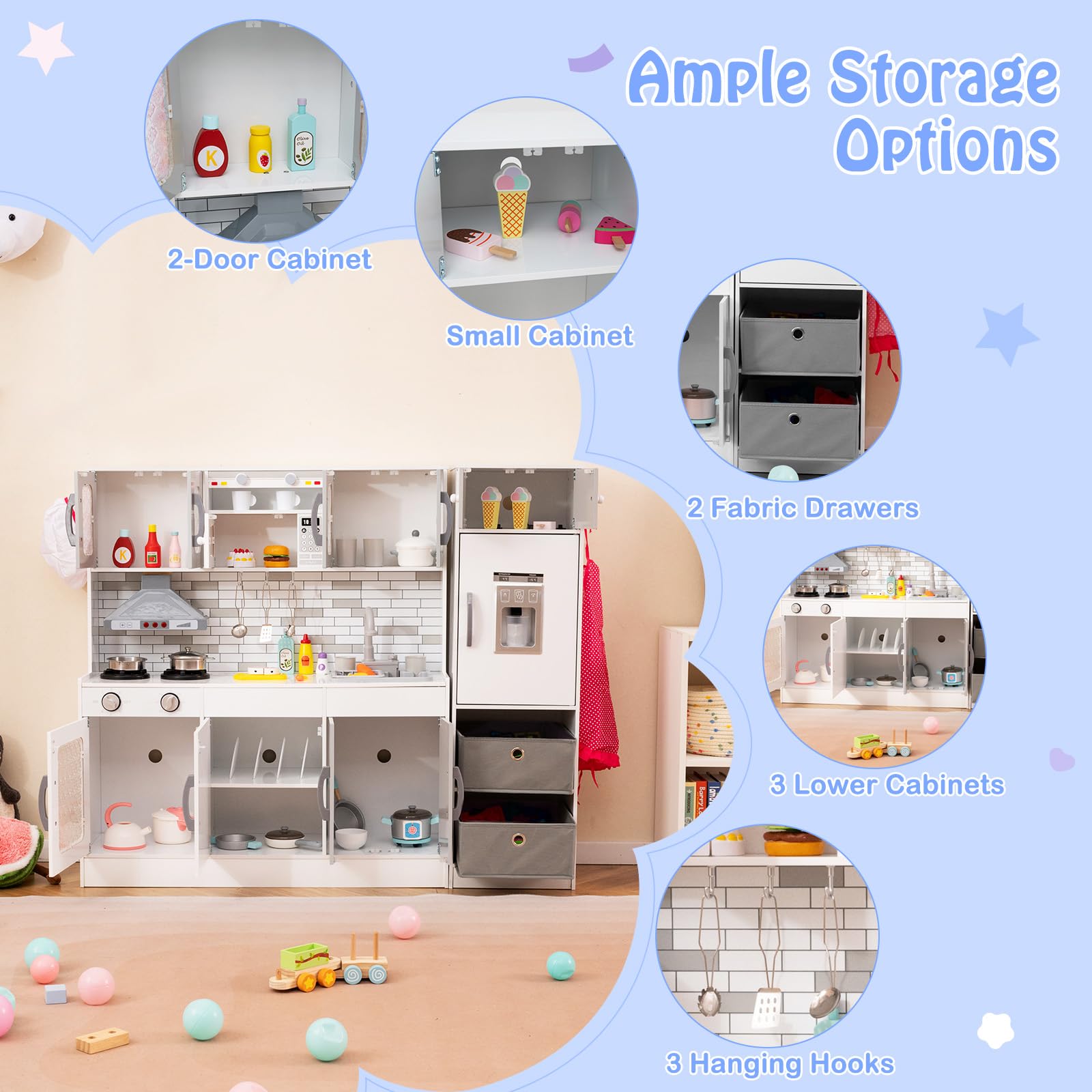 HOGEBABY 2-Piece Kids Kitchen Playset, Wooden Play Kitchen with Water Circulation, Lights and Sounds - Image 9