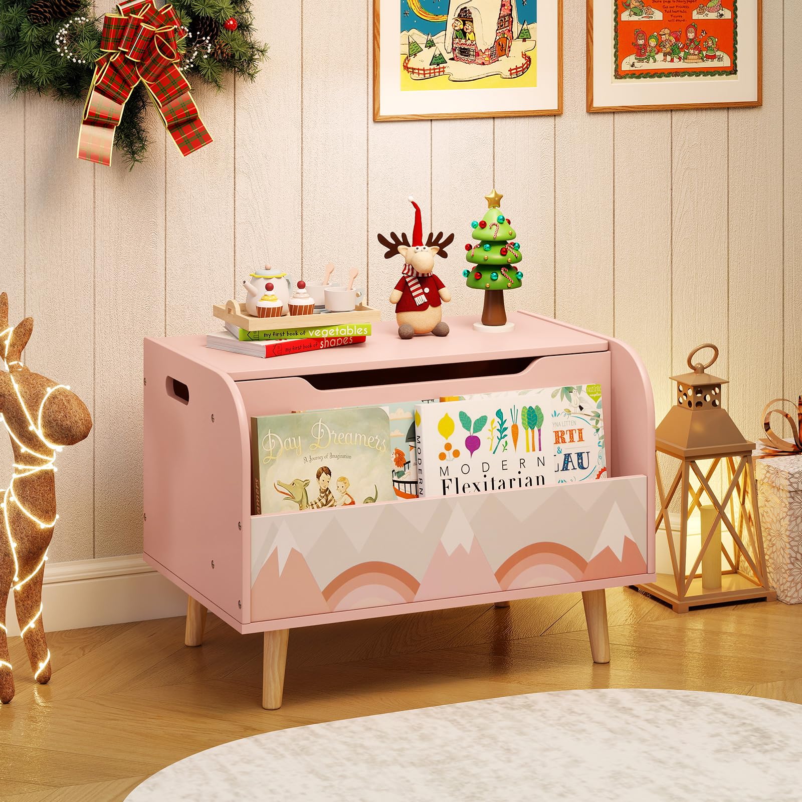 HOGEBABY Kids Wooden Toy Box 4 Solid Wood Legs Flip-top Lid - Image 9