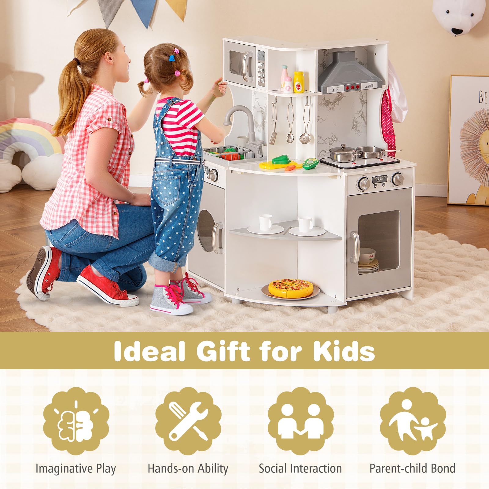HOGEBABY Corner Play Kitchen, Wooden Kids Kitchen Playset with Water Circulation, Real Lights & Sounds - Image 9