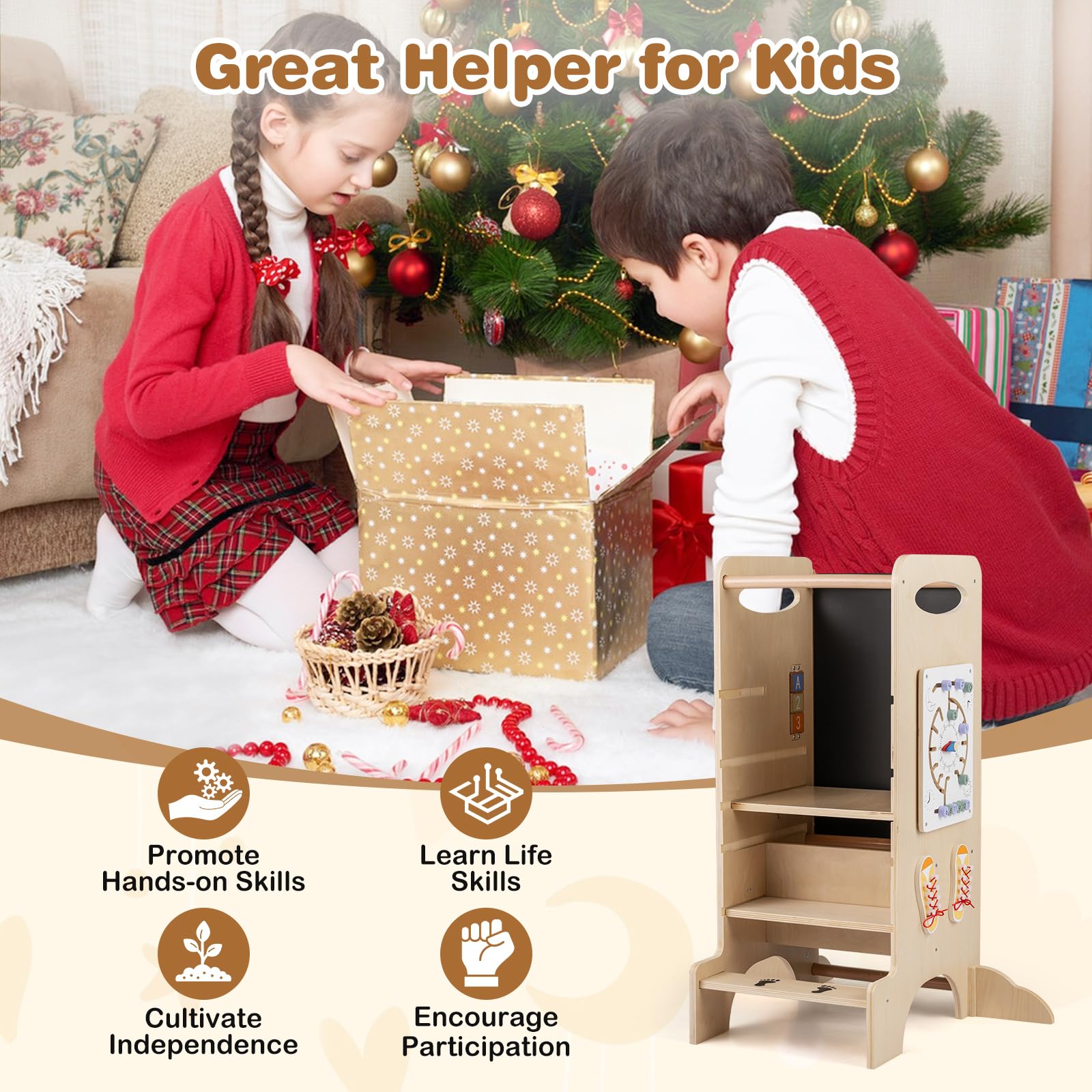 HOGEBABY Wooden Kids Standing Tower Detachable Chalkboard & Montessori Games - Image 10