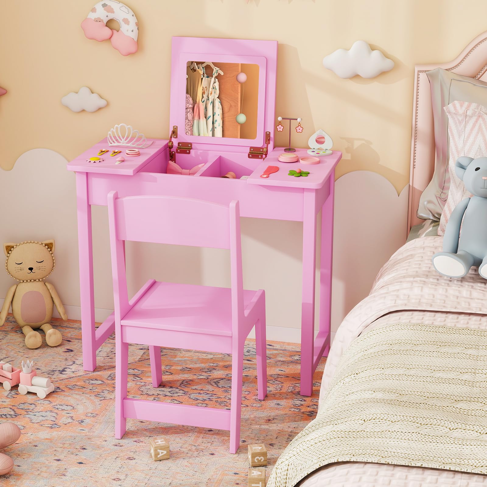 HOGEBABY Kids Vanity, 2 in 1 Girls Vanity Set with Flip Top Mirror, Hidden Storage Space - Image 9