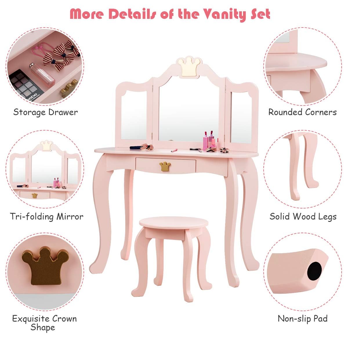 HOGEBABY Kids Vanity & Jewelry Armoire Cabinet, Kids Vanity Table and Chair Set - Image 9