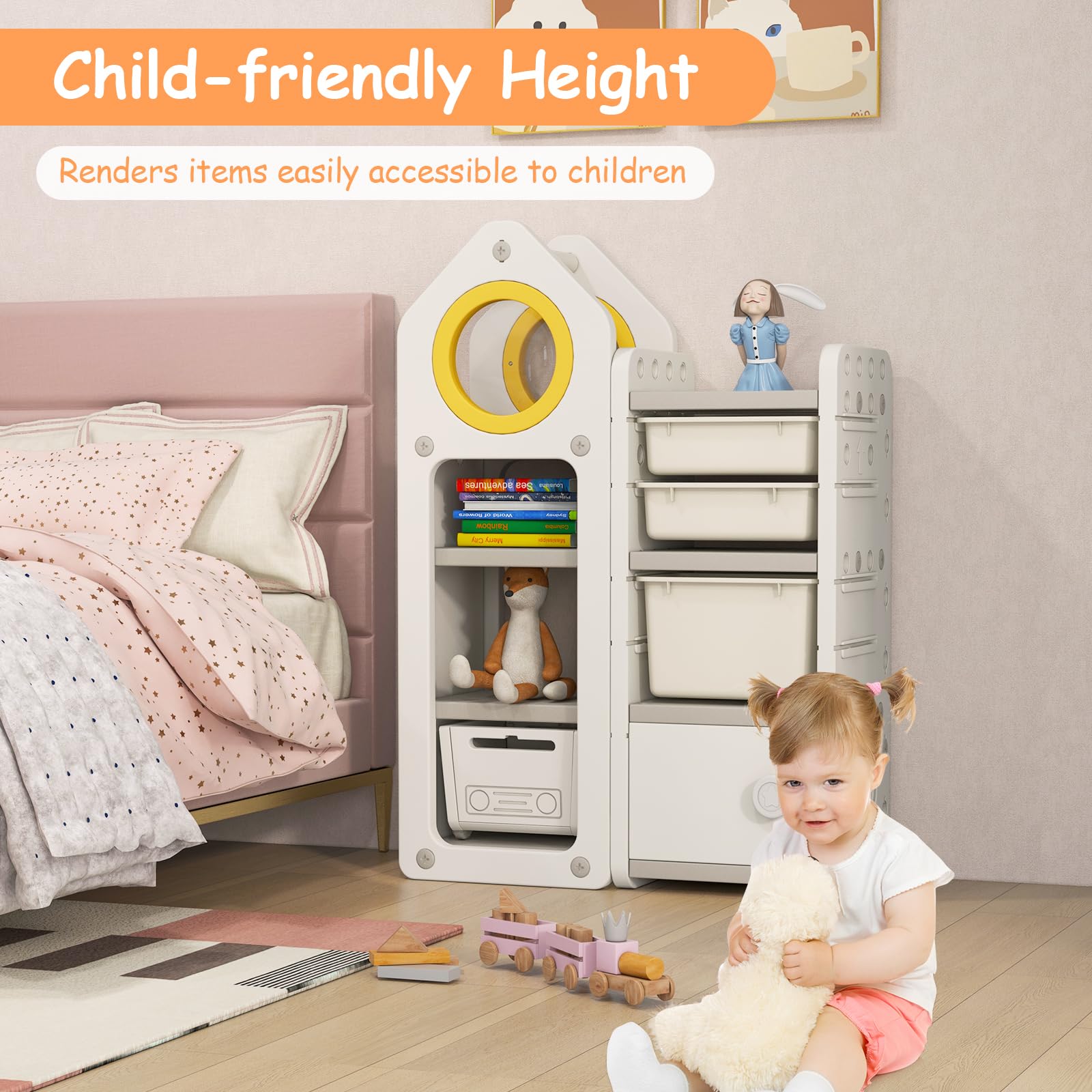HOGEBABY Kids Toy Storage Organizer and Bookshelf, Multipurpose Shelf with Mobile Truck, Storage Bins & Cabinet - Image 3