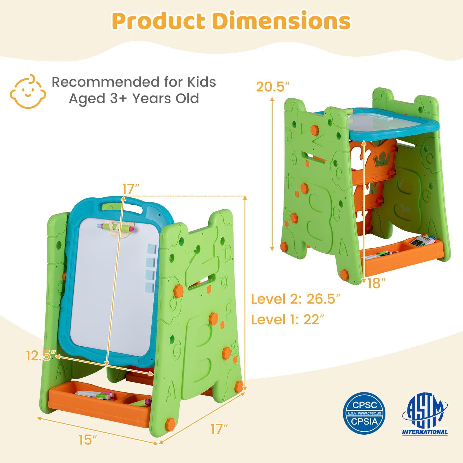 HOGEBABY 4 in 1 Art Easel for Kids | Chalkboard & Whiteboard w/ Book Rack & Art Accessories - Image 3