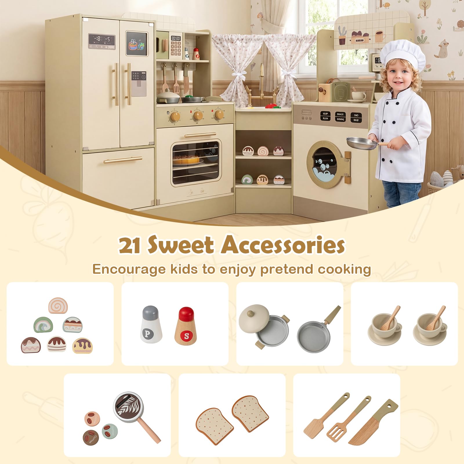 HOGEBABY Kids Corner Play Kitchen Wooden Toy Kitchen Set - Image 9