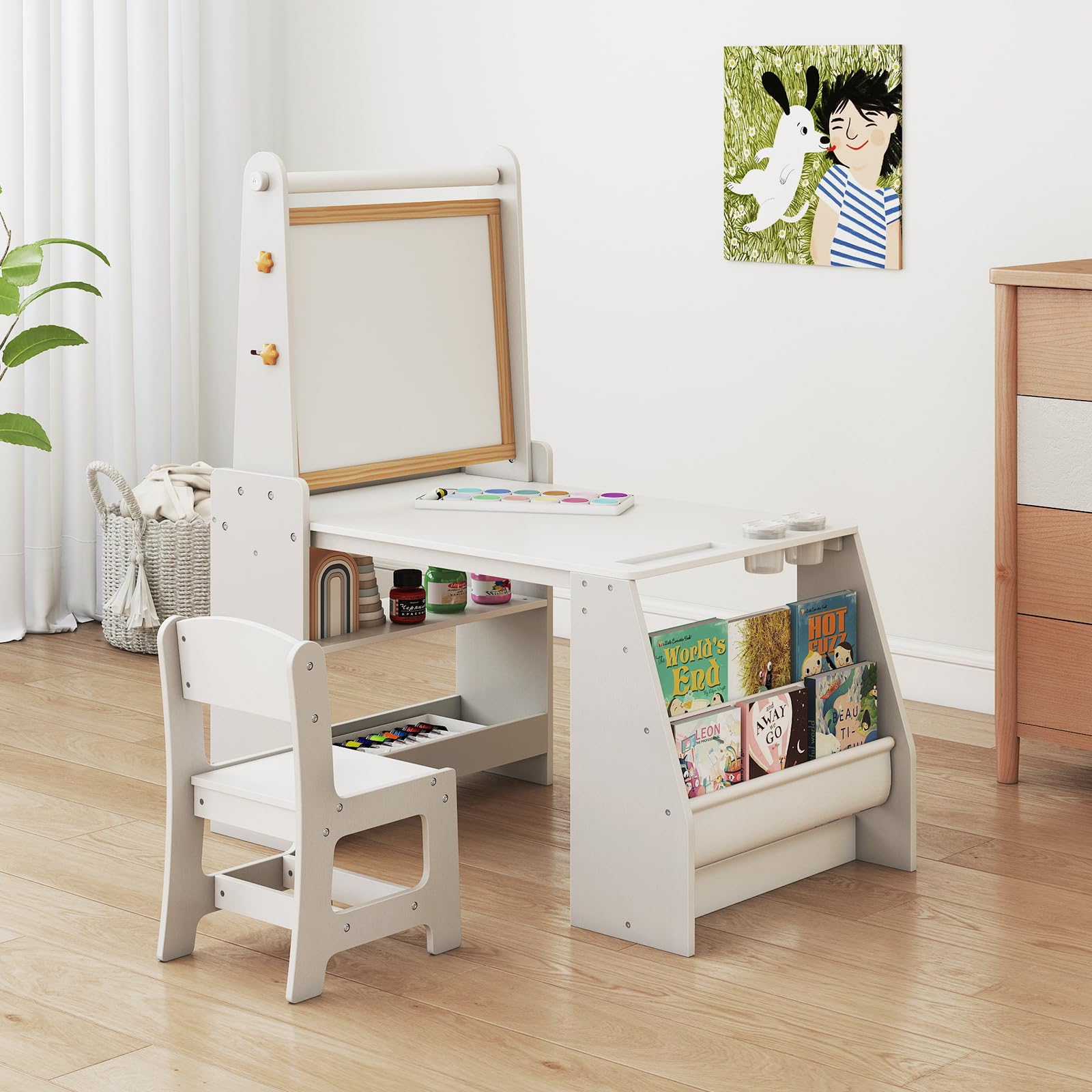 HOGEBABY Kids Art Table and Chair Set 4 in 1 Wooden Easel Activity Desk Set - Image 9