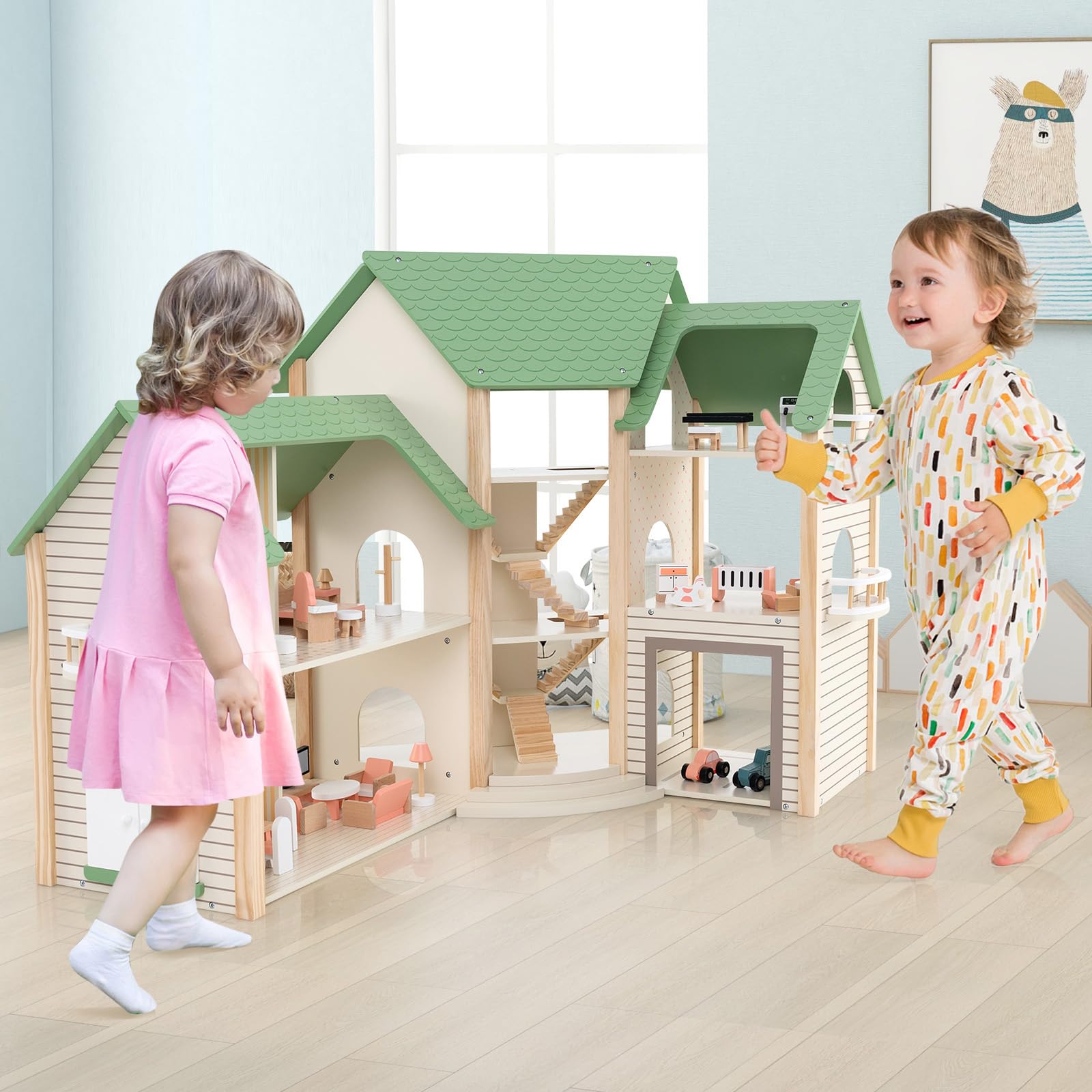 HOGEBABY Wooden Dollhouse for Kids, 3-Story Luxury Doll House with 36 Pieces Furniture Accessories - Image 2