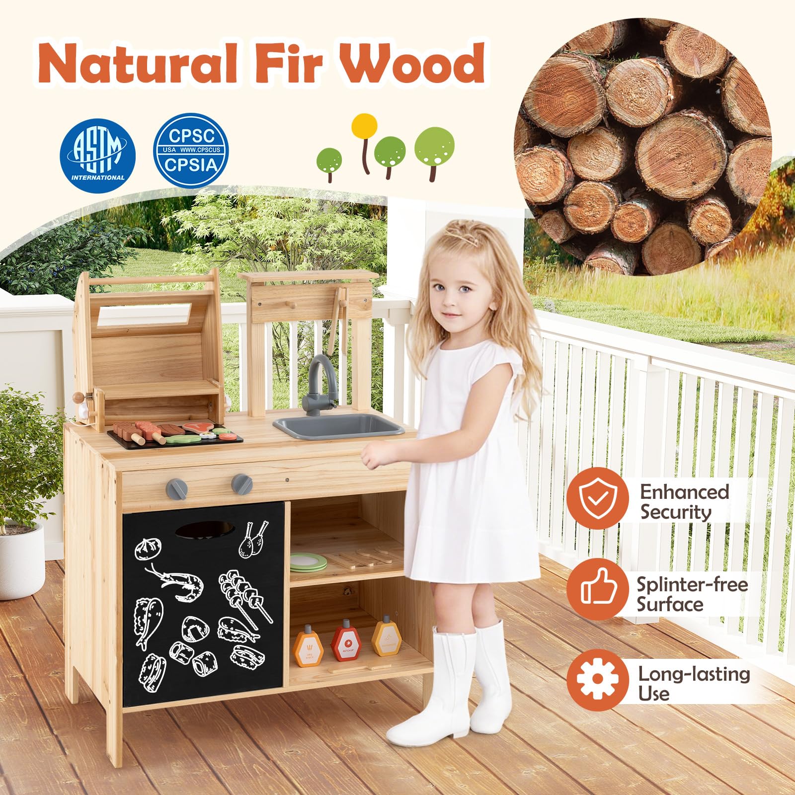 HOGEBABY Kids Grill Playset with Chalkboard, Wooden Kids BBQ Grill Playset with Play FoodWith Blackboard - Image 9
