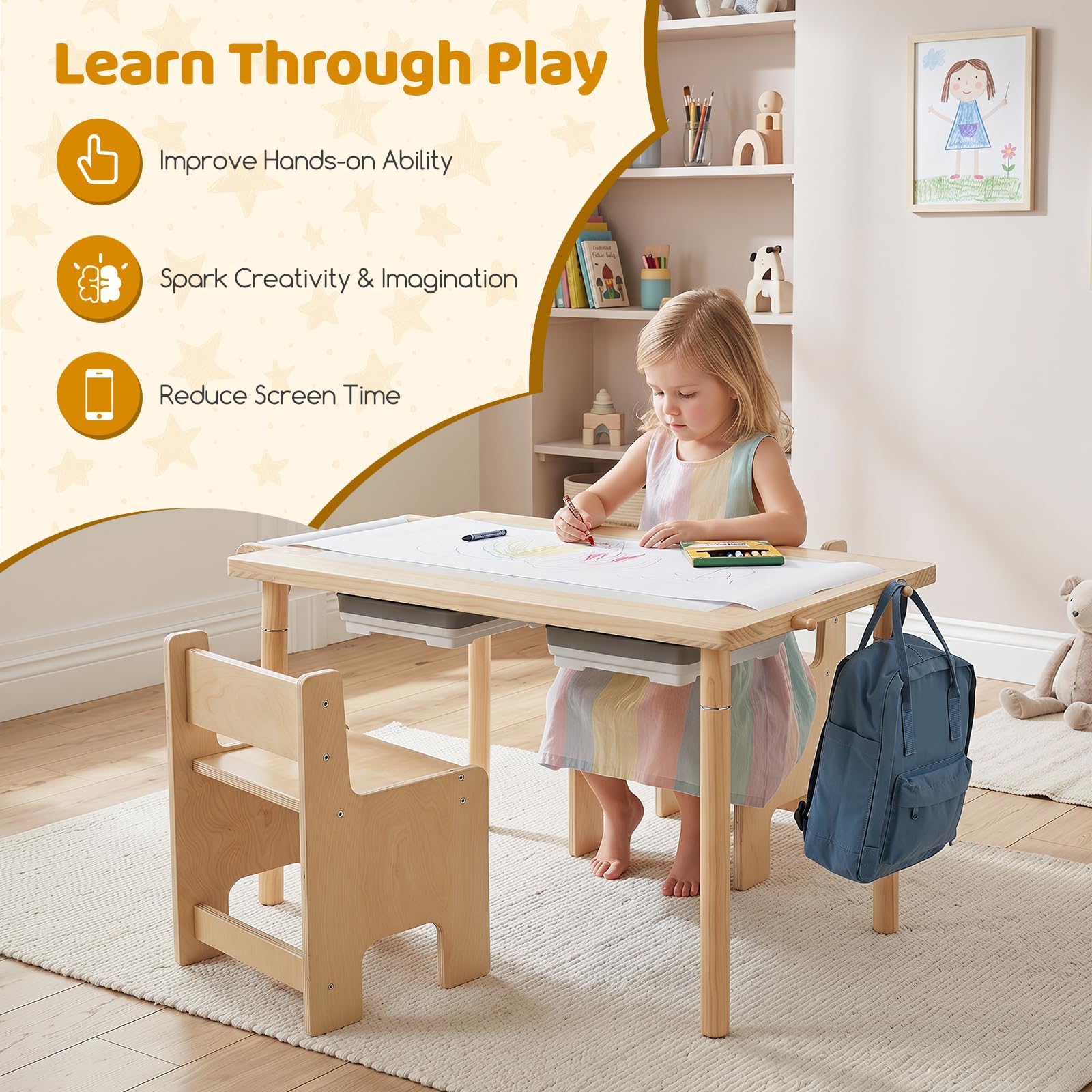 HOGEBABY Toddler Table and Chair Set | Wooden Sensory Table w/2-Sided Boards & 2 Foldable Storage Bins - Image 9