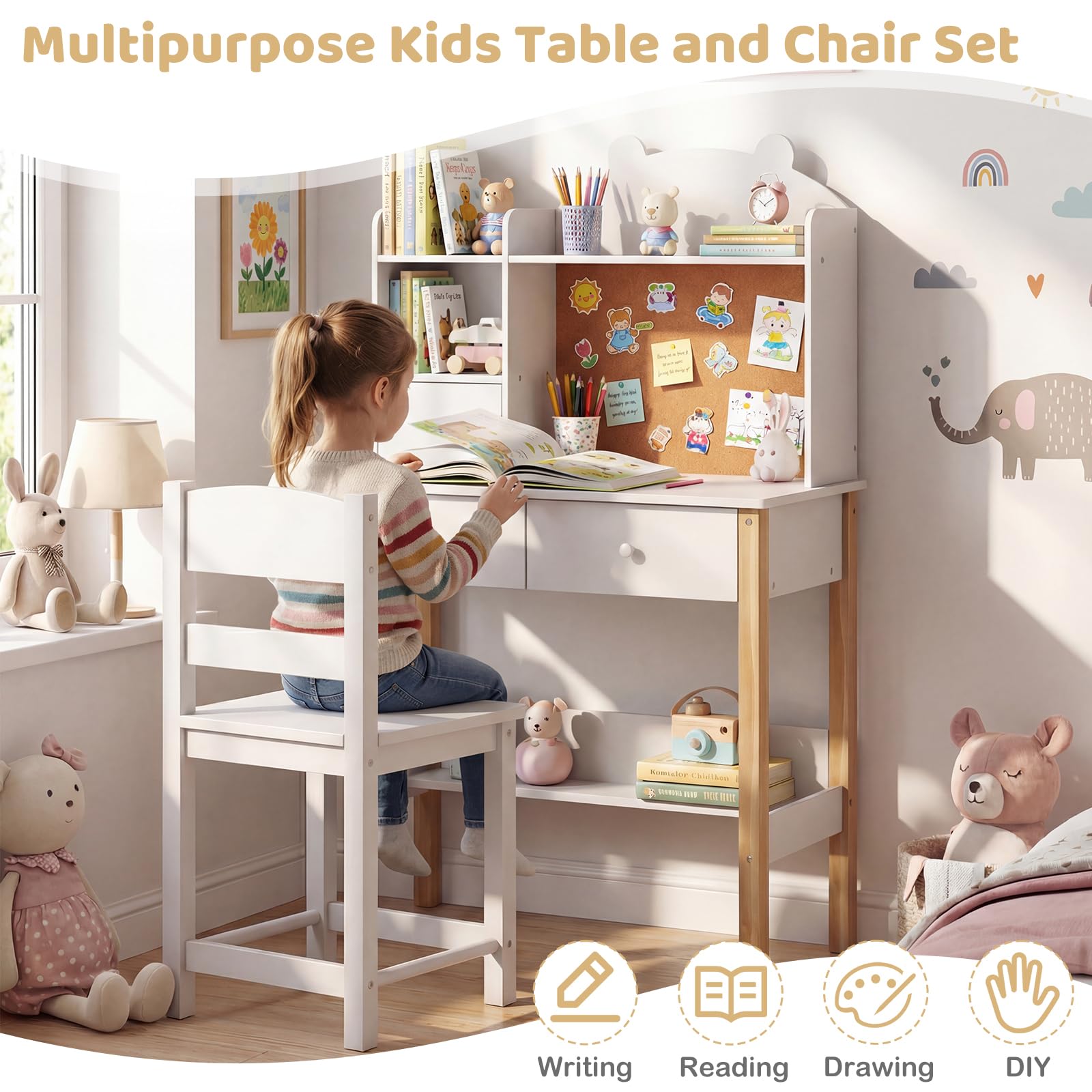 HOGEBABY Kids Wooden Study Writing Table Set w/Hutch - Image 9