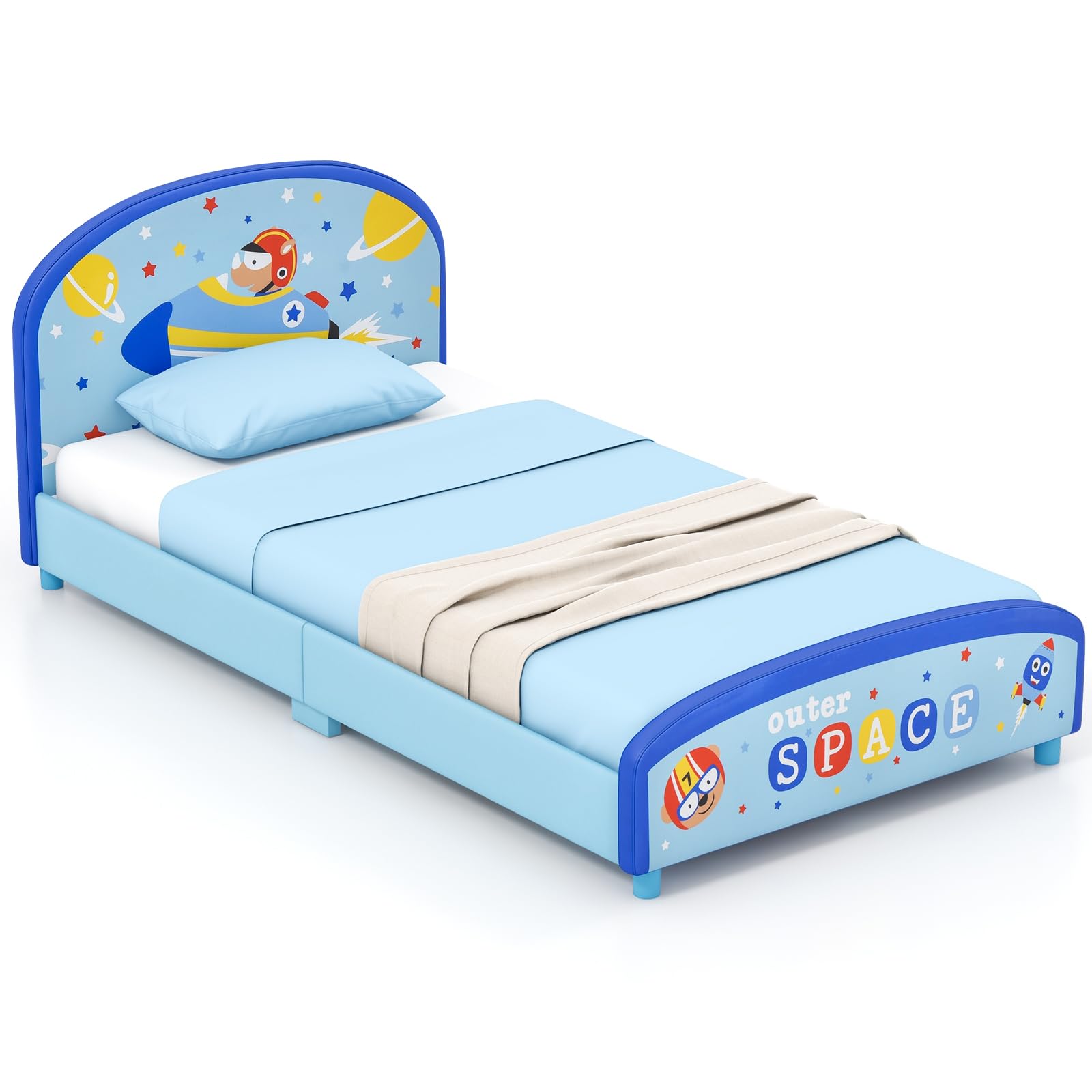 HOGEBABY Twin Bed Frames for Kids, Wood Upholstered Twin Bed Platform with Slat Support, Fits Standard Twin Mattress - Image 9