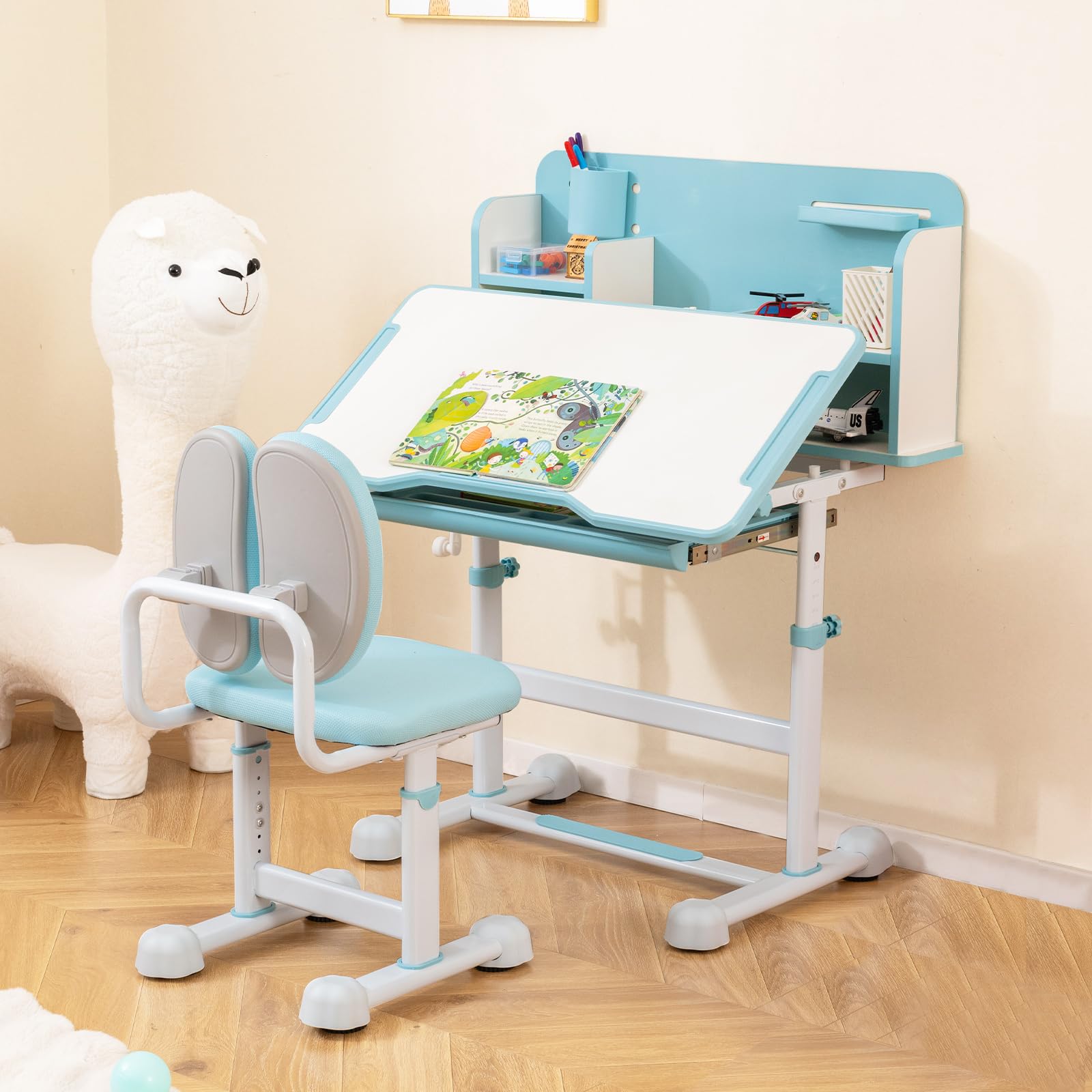 HOGEBABY Kids Height-Adjustable Study Desk and Chair Set with Tilting Desktop - Image 9