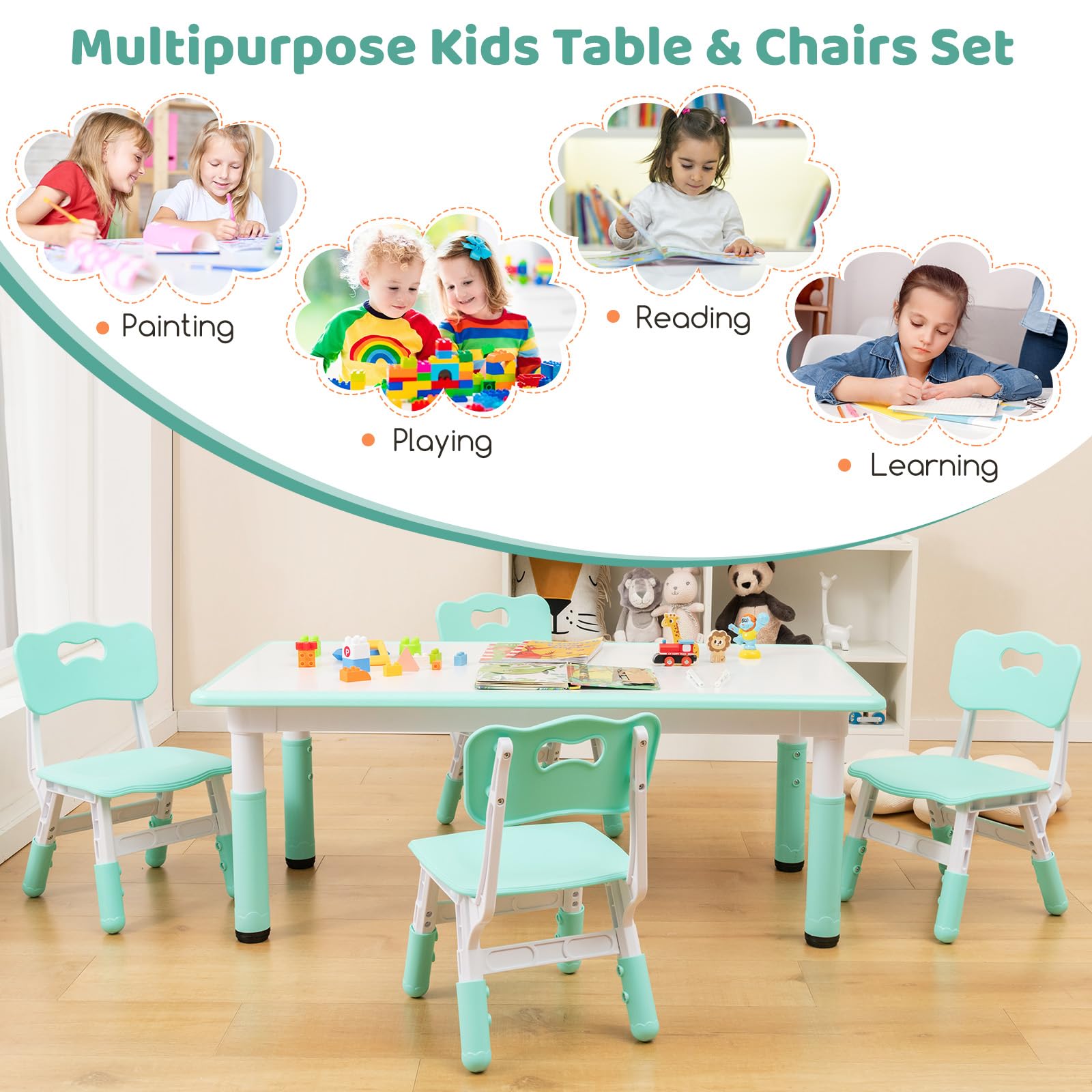 HOGEBABY Kids Table and 4 Chair Set, Height Adjustable Toddler Desk and Chairs, Children Art Study Multi-Activity Table Set - Image 9