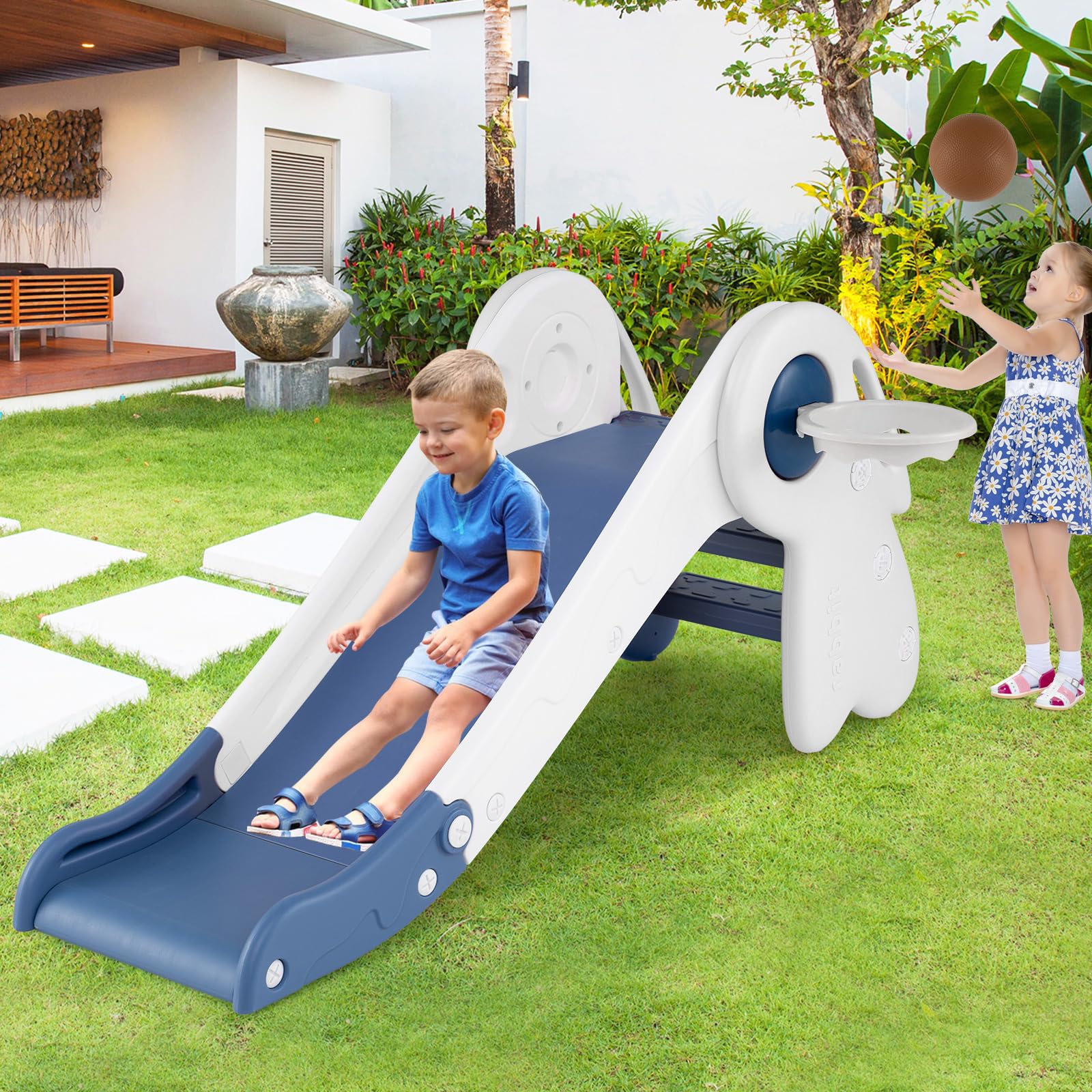 HOGEBABY 3-in-1 Toddler Slide Freestanding Foldable Baby Slide for Kids Climber Playset with Basketball Hoop & Ball - Image 2