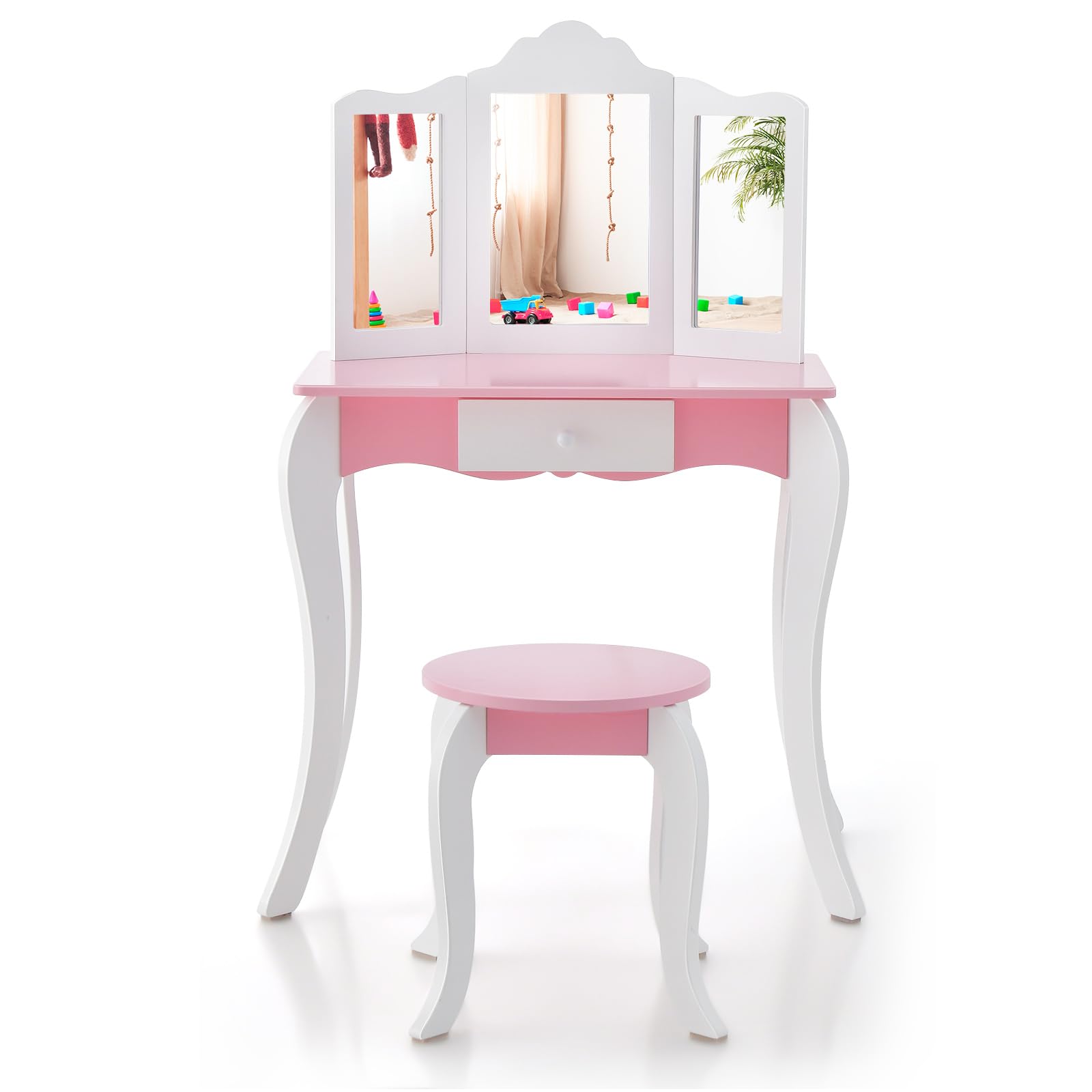 HOGEBABY Kids Vanity Table and Chair Set, Girls Vanity Set with Mirror and Stool, Storage Drawer