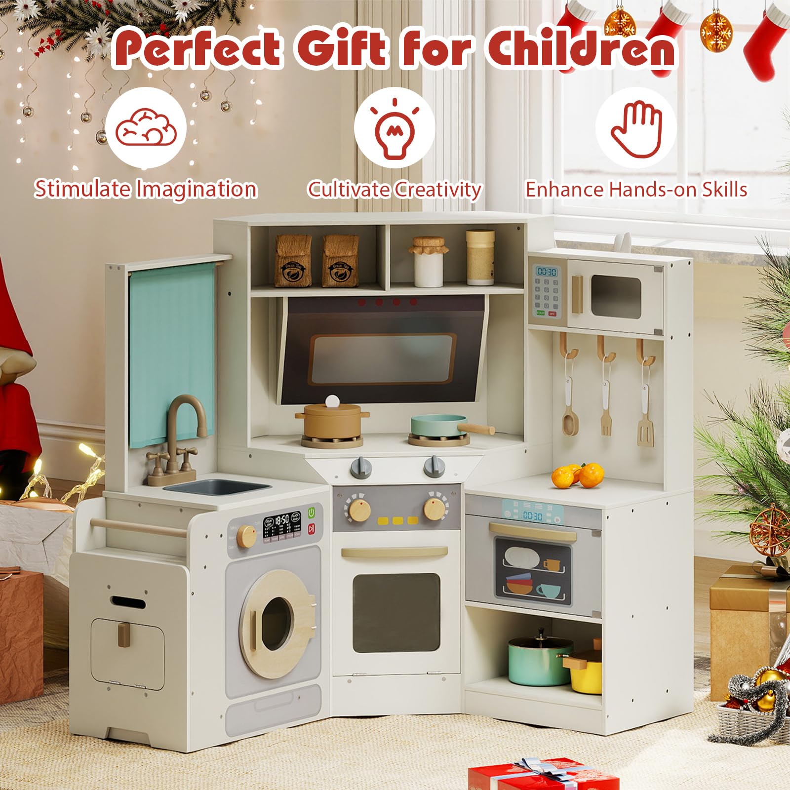 HOGEBABY Corner Play Kitchen, Large Pretend Play Kitchen with/Real Light & Sound - Image 9