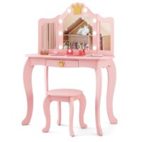 HOGEBABY Kids Vanity with Lights, Girls Vanity Set with Mirror and Stool, Drawer, 2 in 1 Princess Makeup Desk Dressing Table