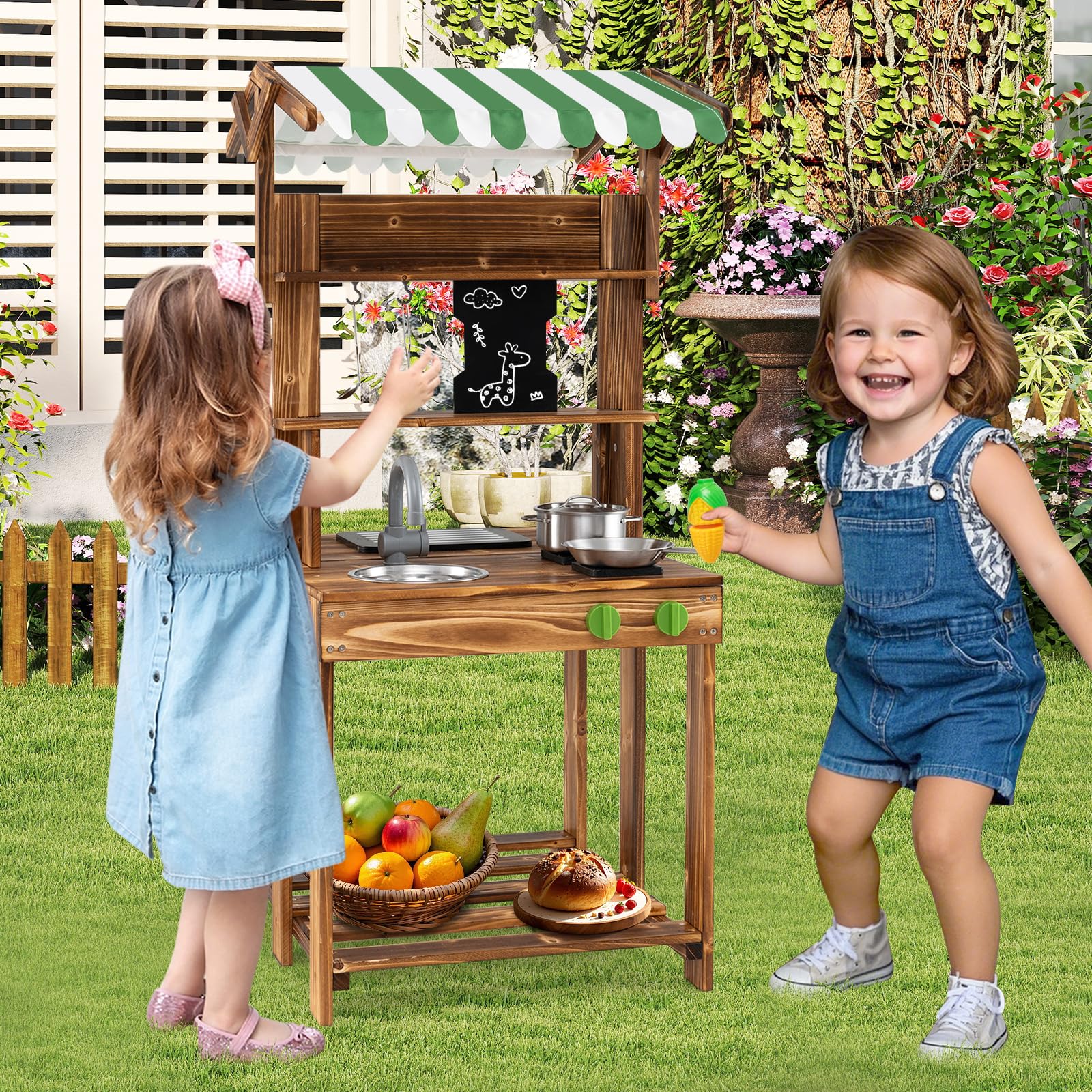 HOGEBABY Double Sided Outdoor Play Kitchen and Barbecue Grill Playset with Canopy - Image 9