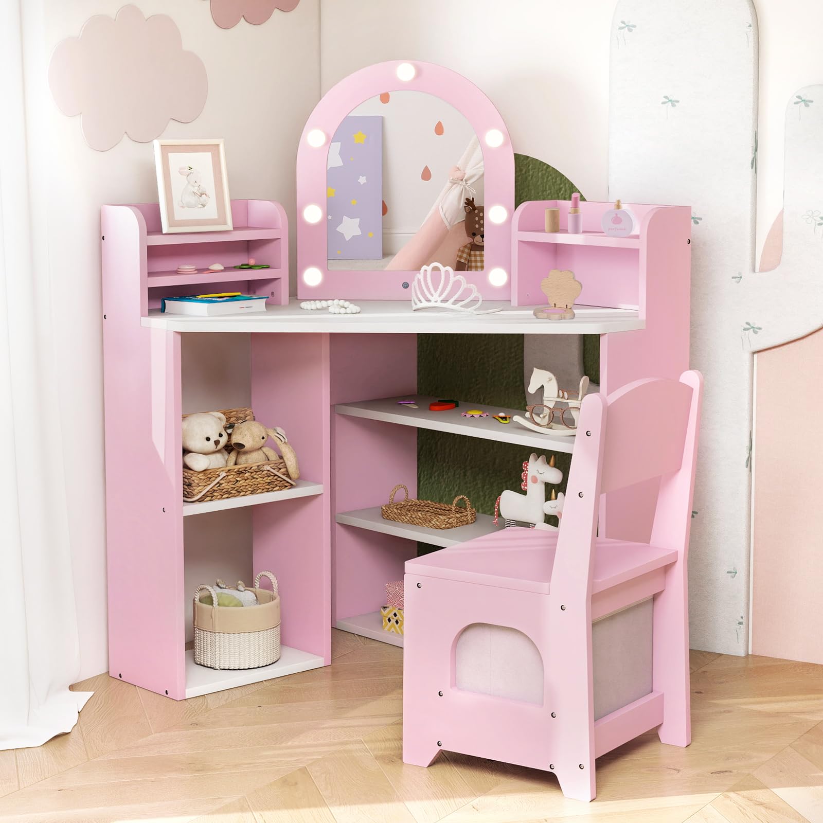 HOGEBABYKids Vanity Table and Chair Set with Lights - Image 9