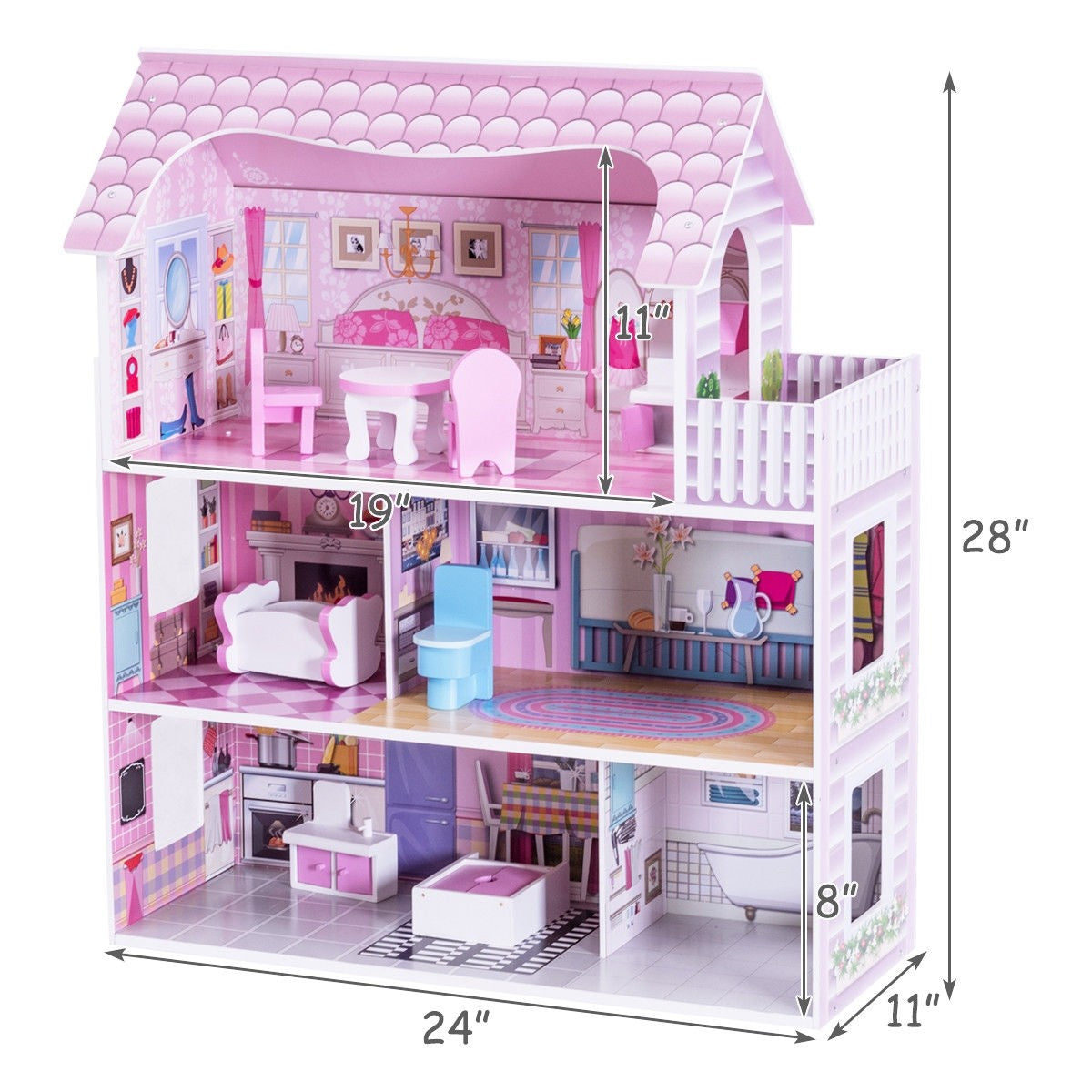 HOGEBABY Dollhouse, Toy Family House with 15 pcs Furniture, Cottage Uptown Doll House - Image 8