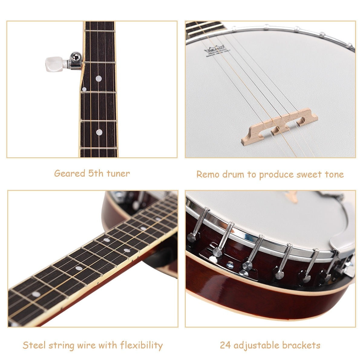 HOGEBABY 5-String Banjo 24 Bracket with Geared 5th Tuner and Mid-range Closed Handle (41.5 IN) - Image 9